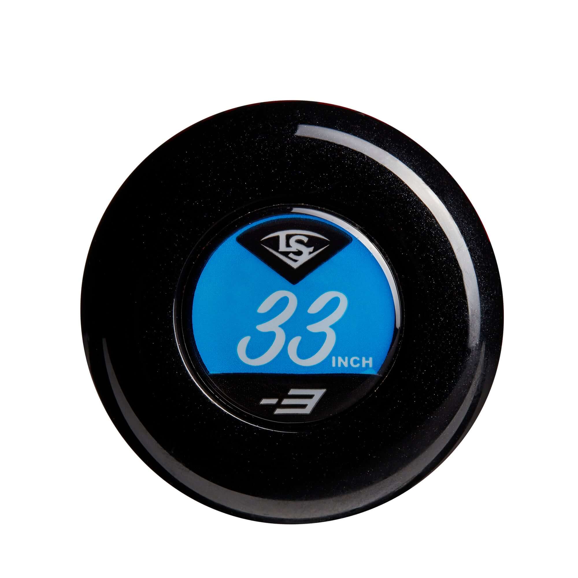Louisville Slugger Select PWR (-3) BBCOR baseball bat end cap with 33 inch label.