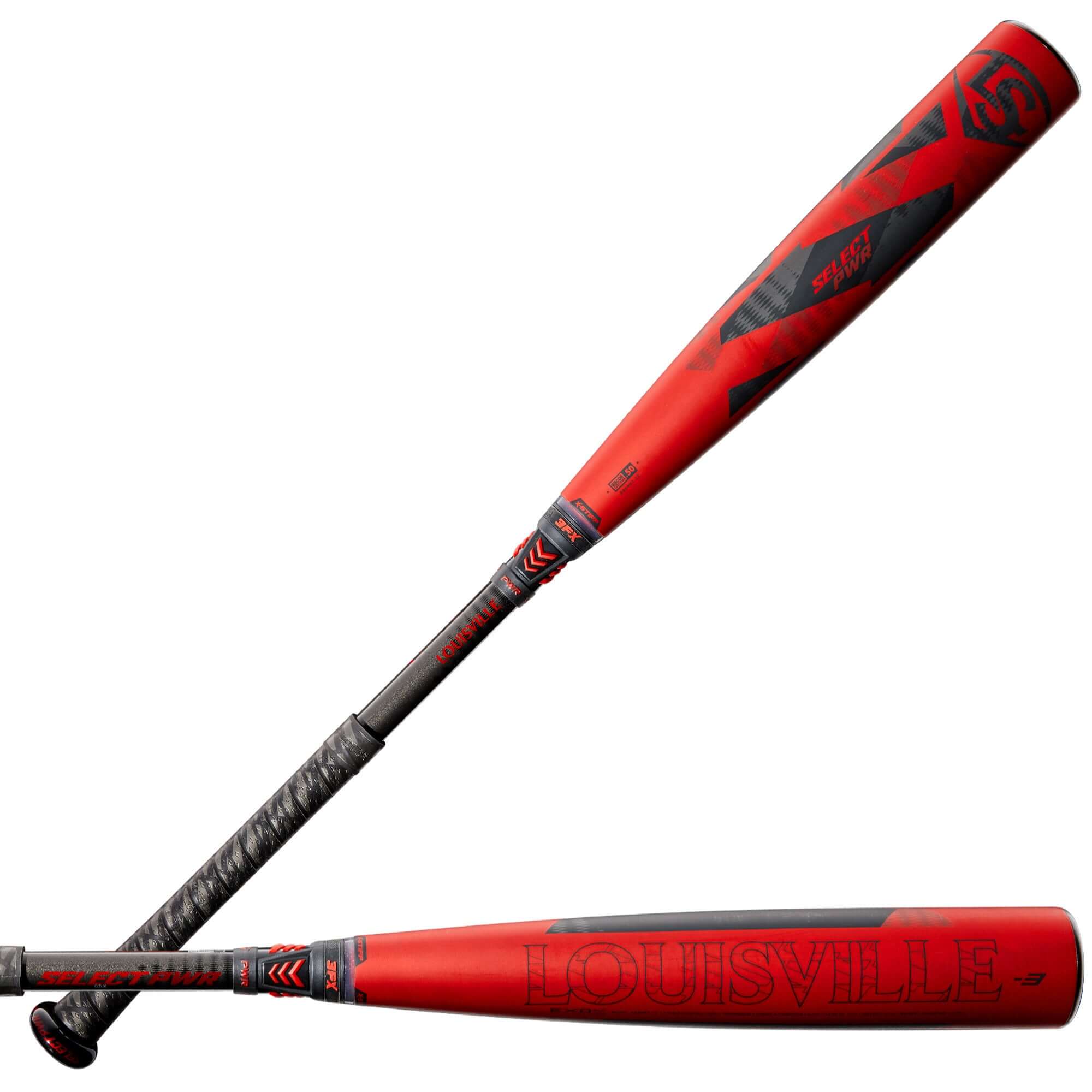 Louisville Slugger Select PWR (-3) BBCOR baseball bat showcasing red and black design, ideal for enhancing performance.