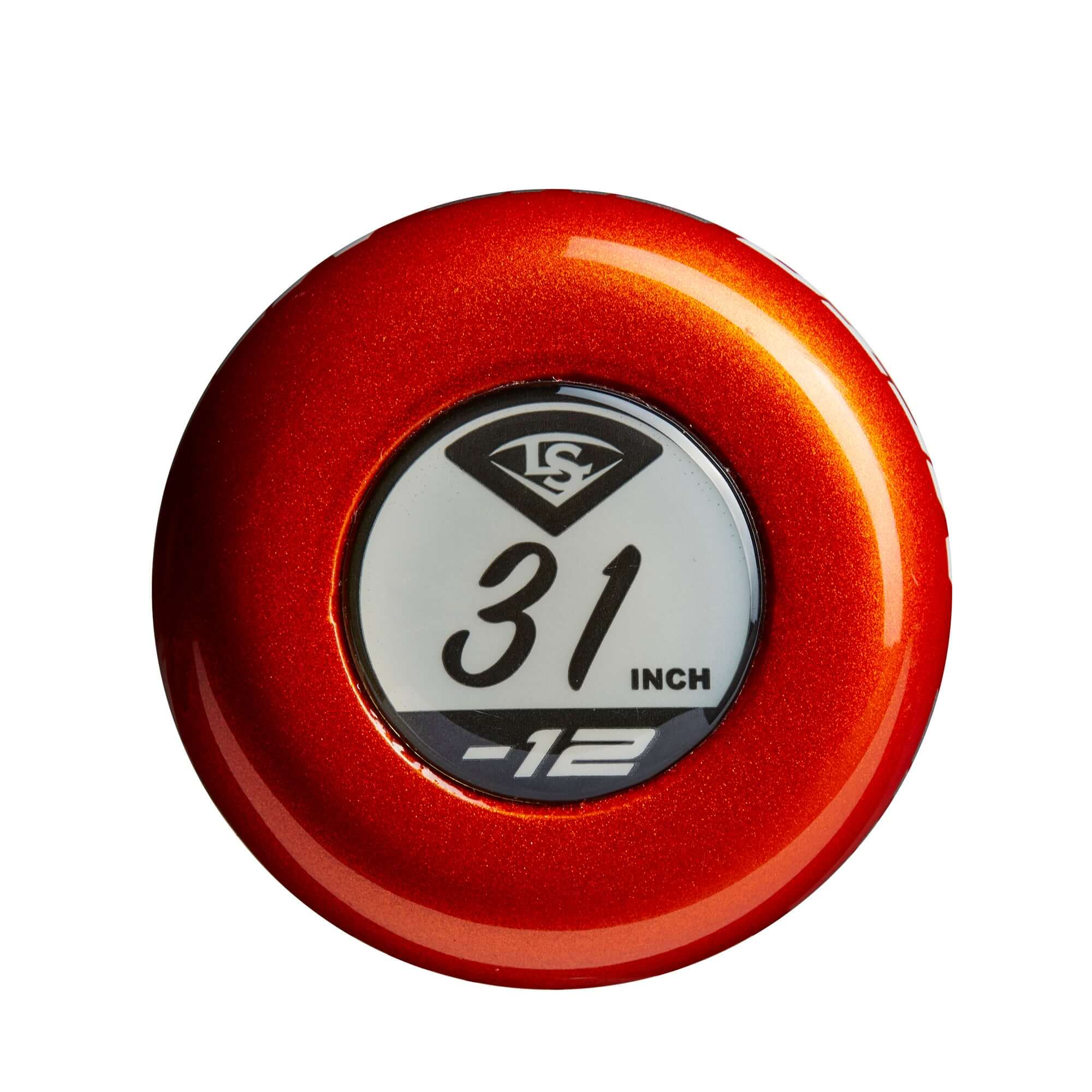 Louisville Slugger Meta One (-12) baseball bat end cap showing 31-inch size and vibrant red color.