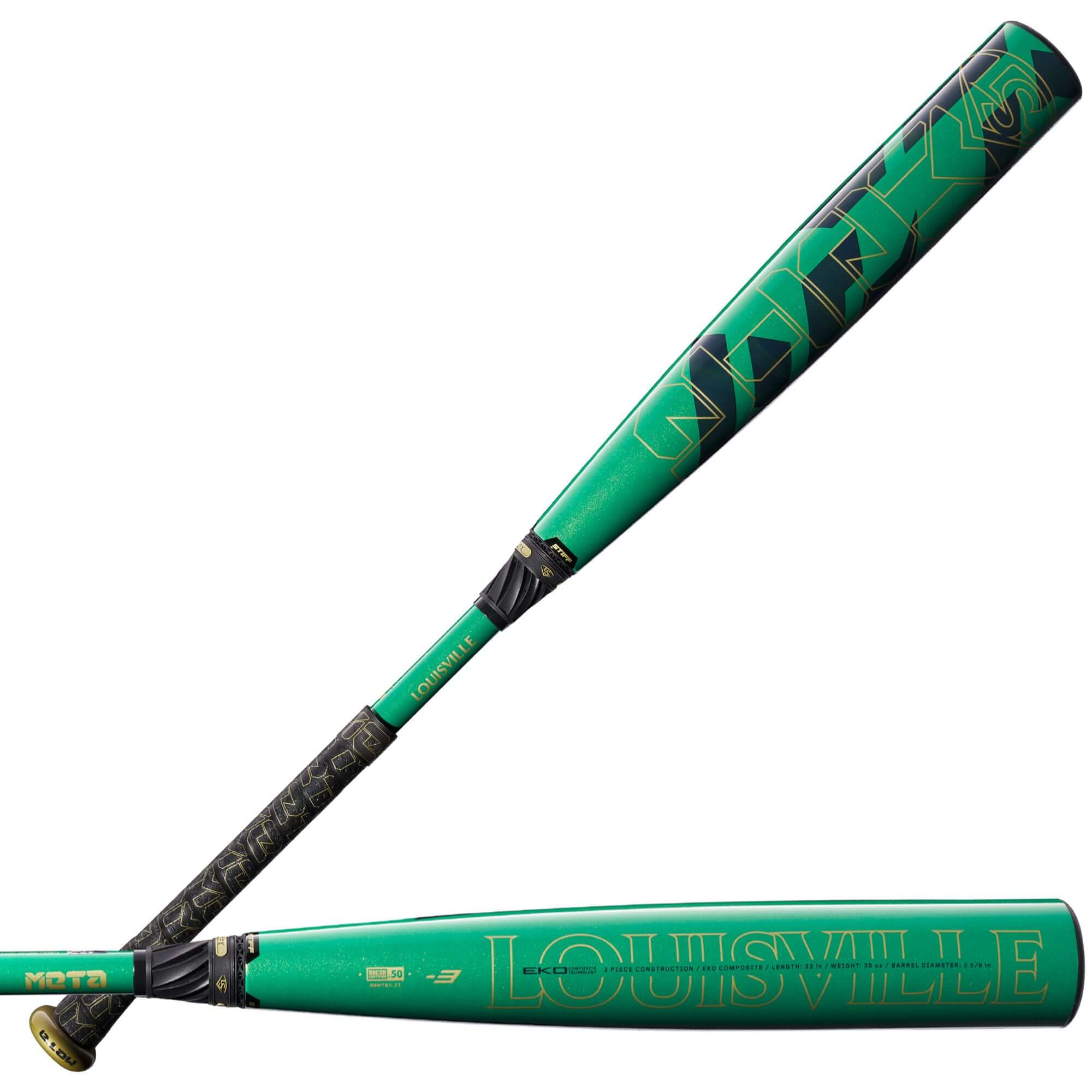 Louisville Slugger Meta BBCOR (-3) bat featuring composite design and EKO™ barrel for elite performance and vibration dampening.
