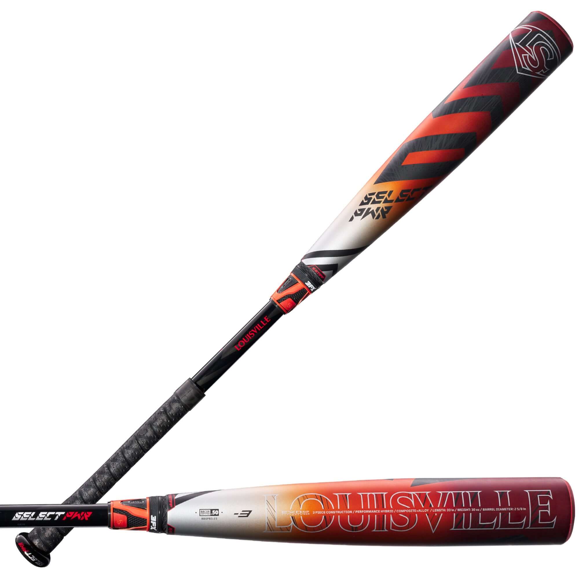 Louisville Slugger 2023 Select PWR BBCOR (-3) baseball bat showcasing its hybrid design and vibrant graphics.