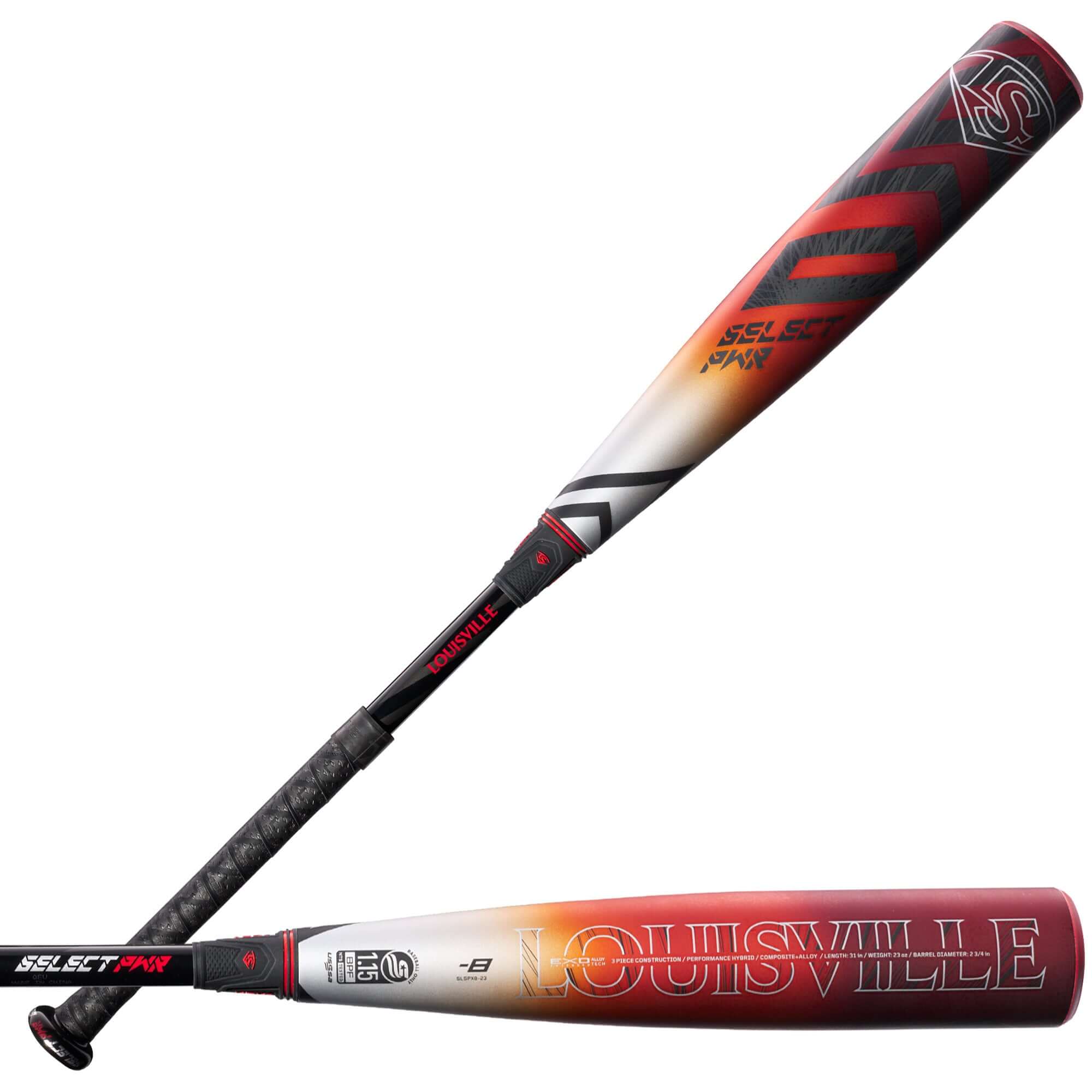 Louisville Slugger 2023 Select PWR (-8) USSSA baseball bat showcasing hybrid design and large sweet spot.