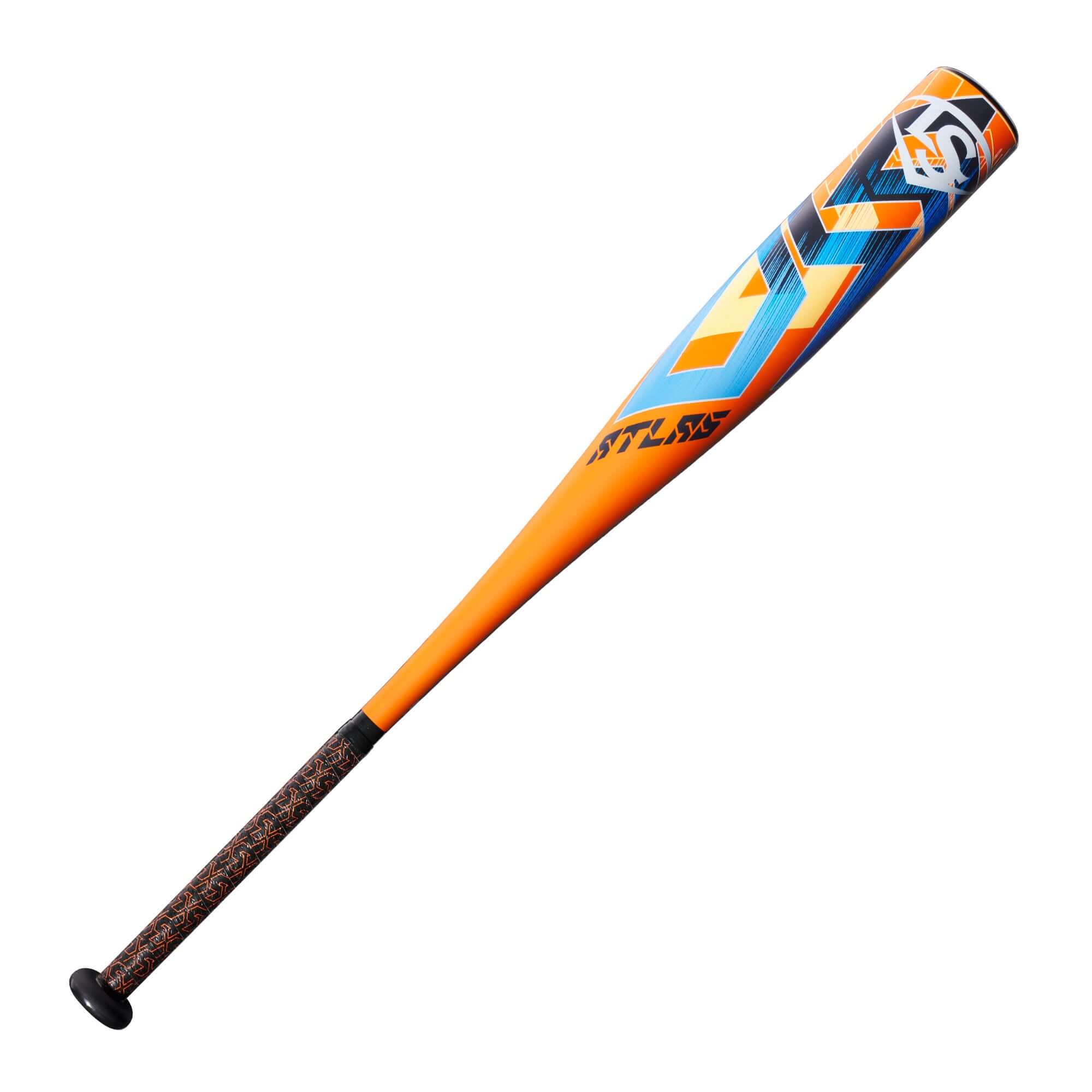 Louisville Slugger Atlas (-10) USSSA Baseball Bat featuring a vibrant orange and blue design for young athletes.