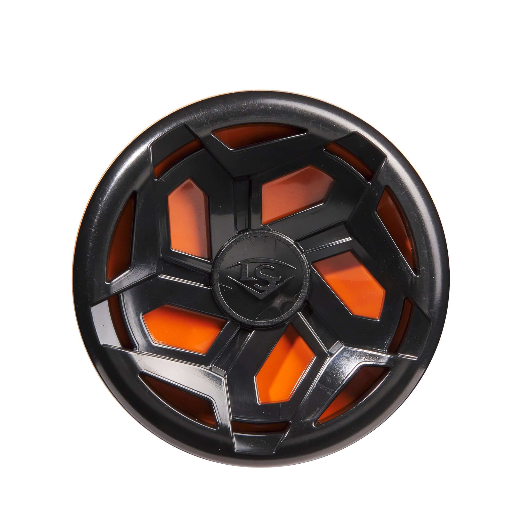 Top view of the Louisville Slugger baseball bat's Dual Pivot End Cap featuring a black and orange design.