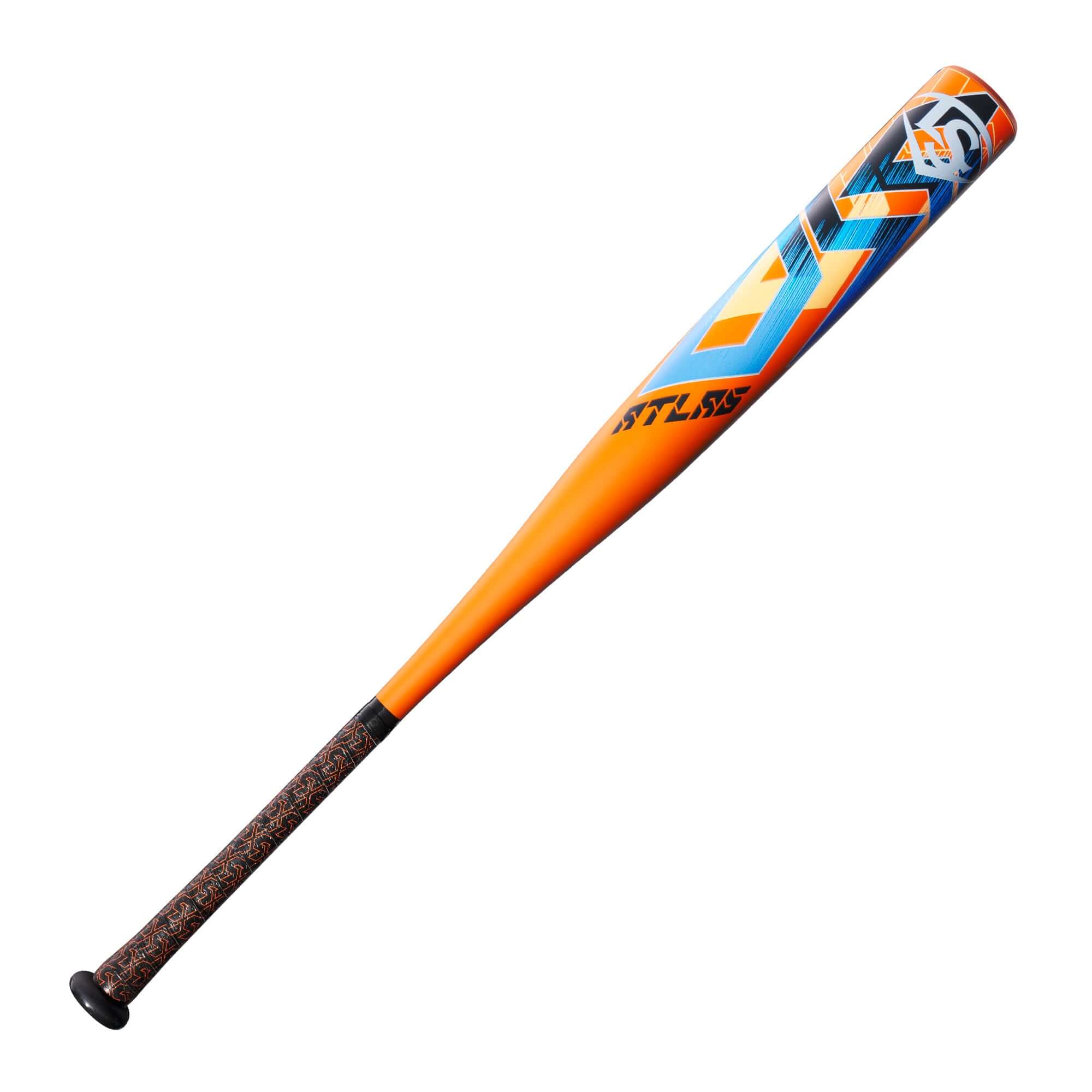 Louisville Slugger Atlas (-5) USSSA baseball bat in vibrant orange and blue design, featuring a superlight alloy build.