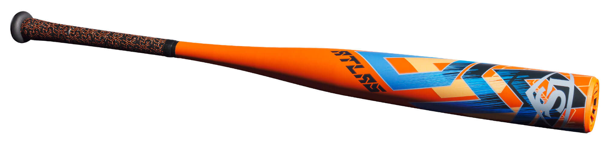 Louisville Slugger Atlas (-5) USSSA baseball bat featuring an orange and blue design, ideal for high school players.