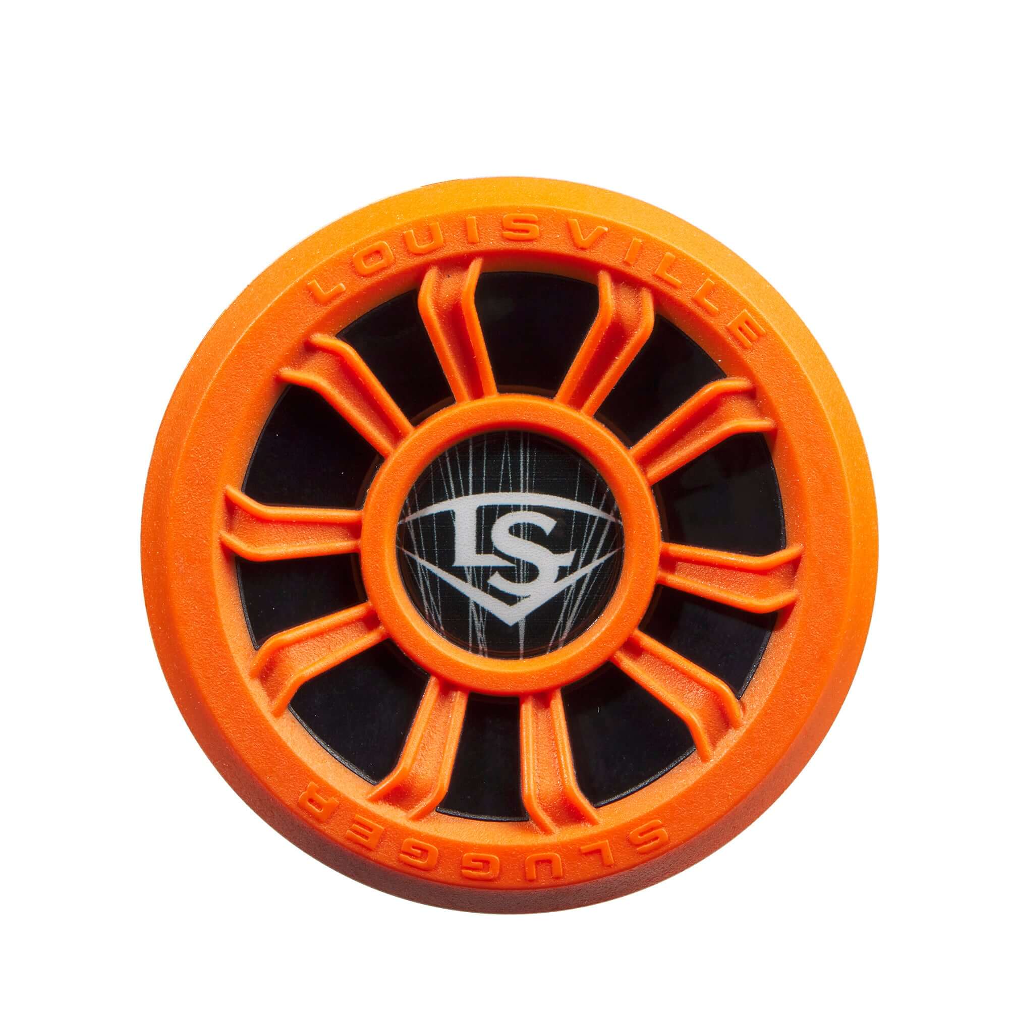Louisville Slugger baseball bat end cap featuring vibrant orange design and logo for optimized performance.