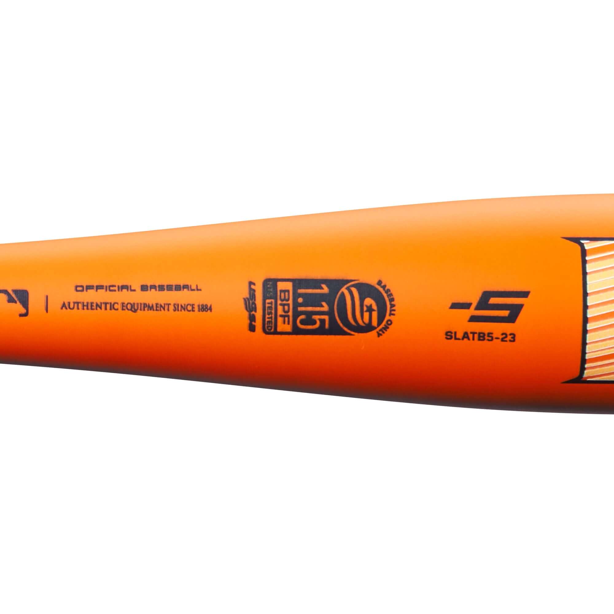 Louisville Slugger Atlas (-5) baseball bat with orange design and performance certifications for USSSA play.