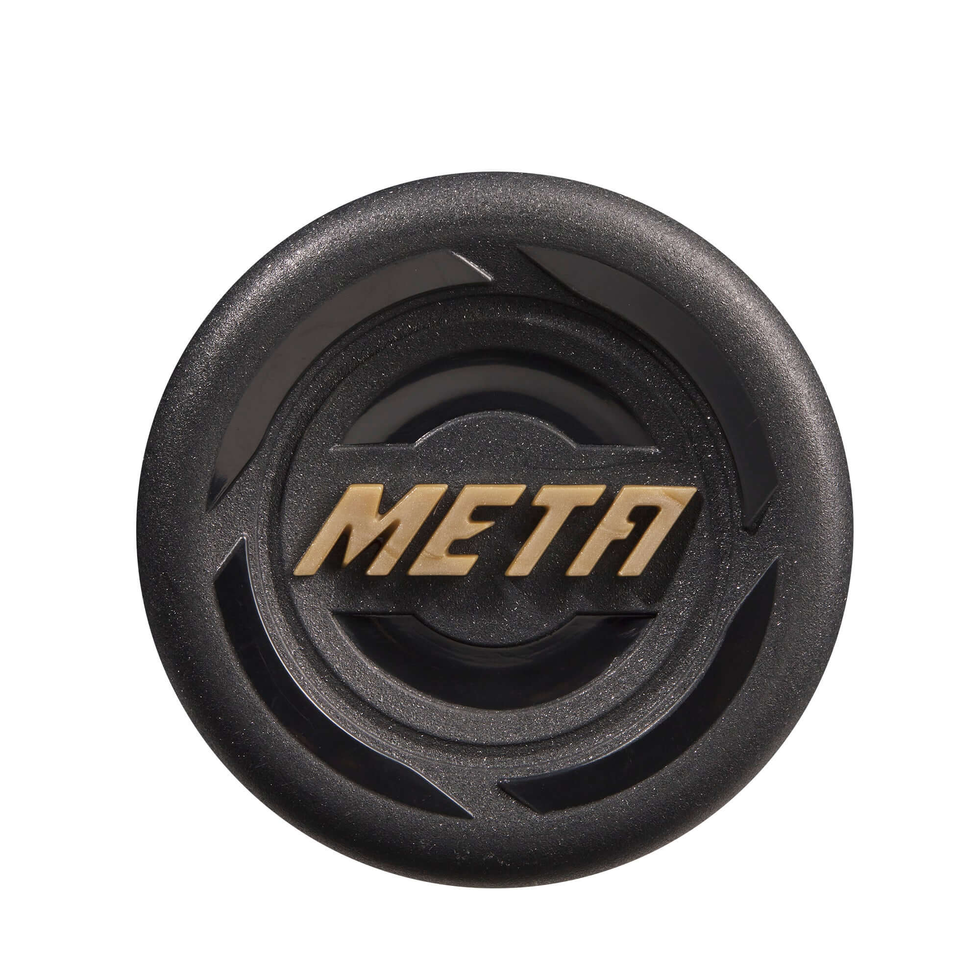 Close-up of the Louisville Slugger Meta baseball bat logo in black and gold design.
