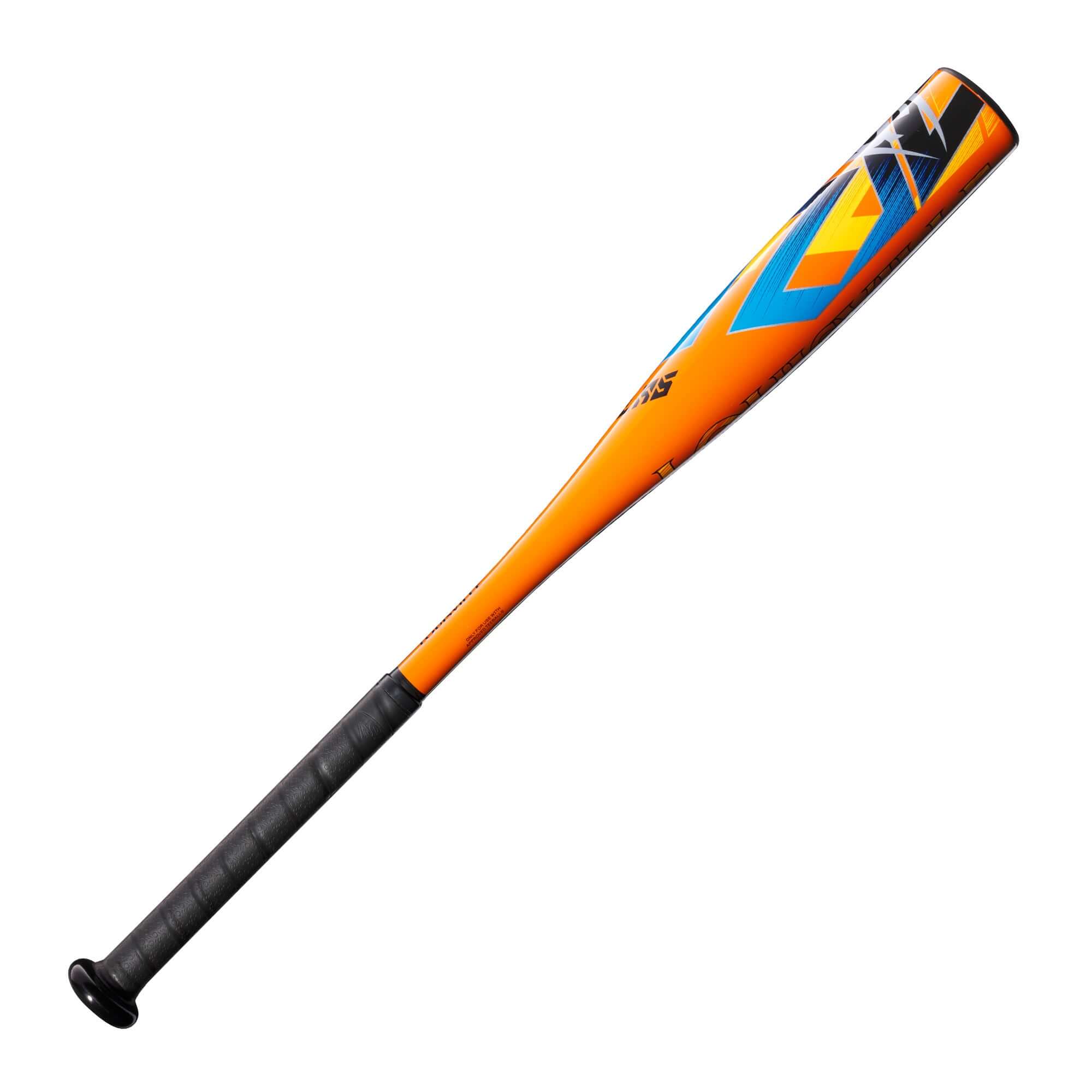 Louisville Slugger Atlas (-12.5) T-Ball bat in bright orange and blue, featuring a synthetic leather grip for comfort.