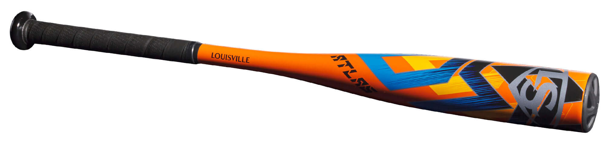 Louisville Slugger Atlas (-12.5) T-Ball bat with vibrant orange and blue design, featuring a synthetic grip for comfort.