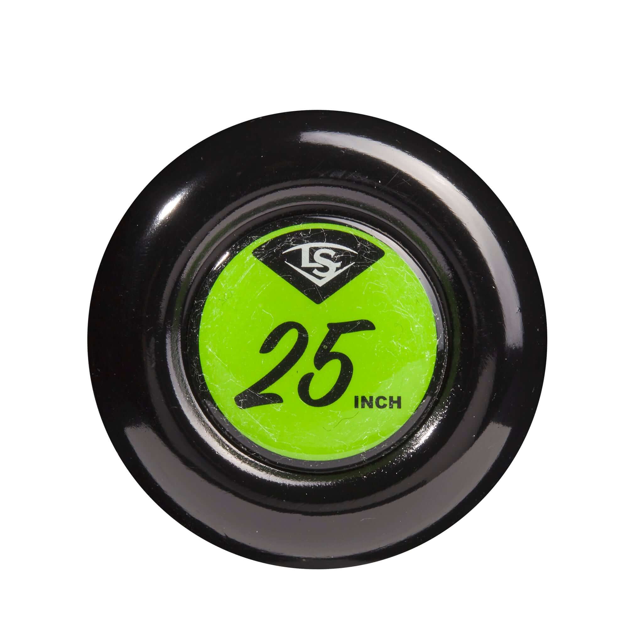 Top view of the Louisville Slugger Atlas T-Ball bat showing the 25-inch measurement on a vibrant green circle.