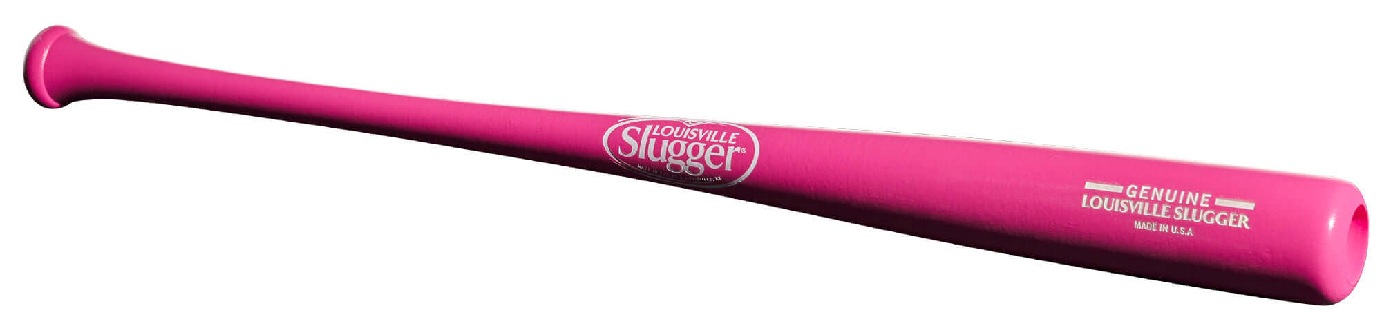 Louisville Slugger Genuine Pink Maple Baseball Bat with white branding, showcasing its vibrant pink color and cupped design.