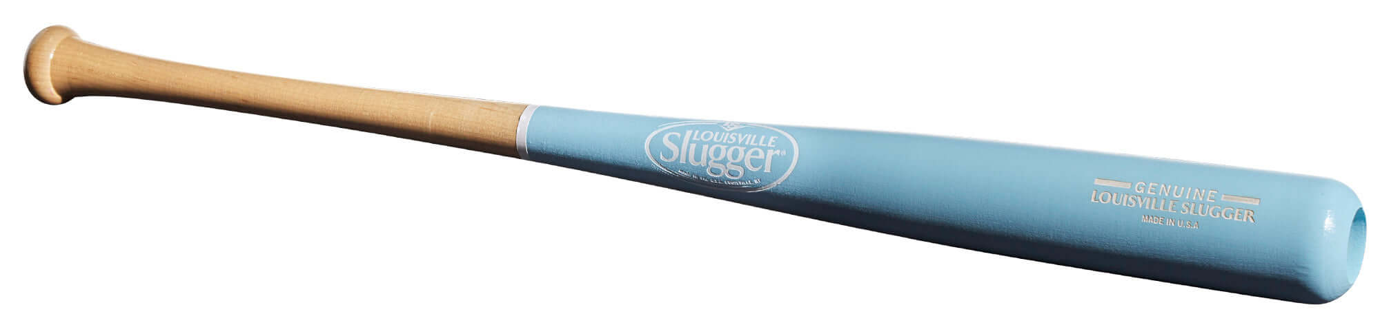 Louisville Slugger Genuine Light Blue Maple Baseball Bat with natural handle, showcasing balanced design and branding details.