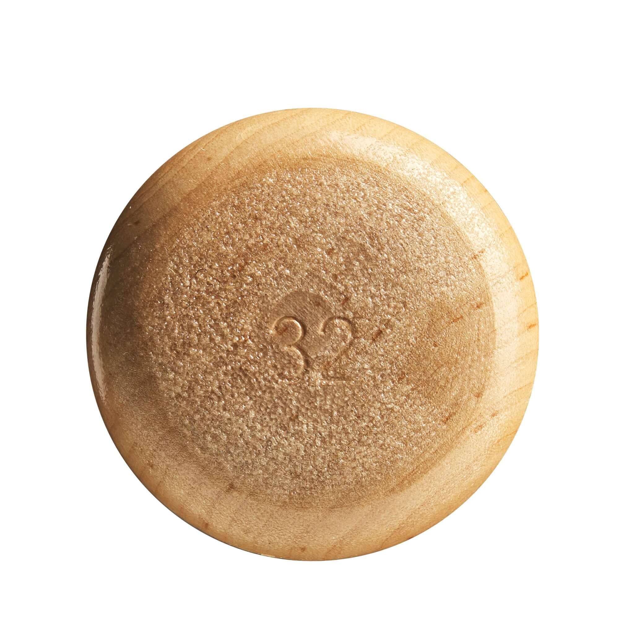 Bottom view of a 32-inch Louisville Slugger Genuine Light Blue Maple Baseball Bat, showcasing its smooth unfinished design.