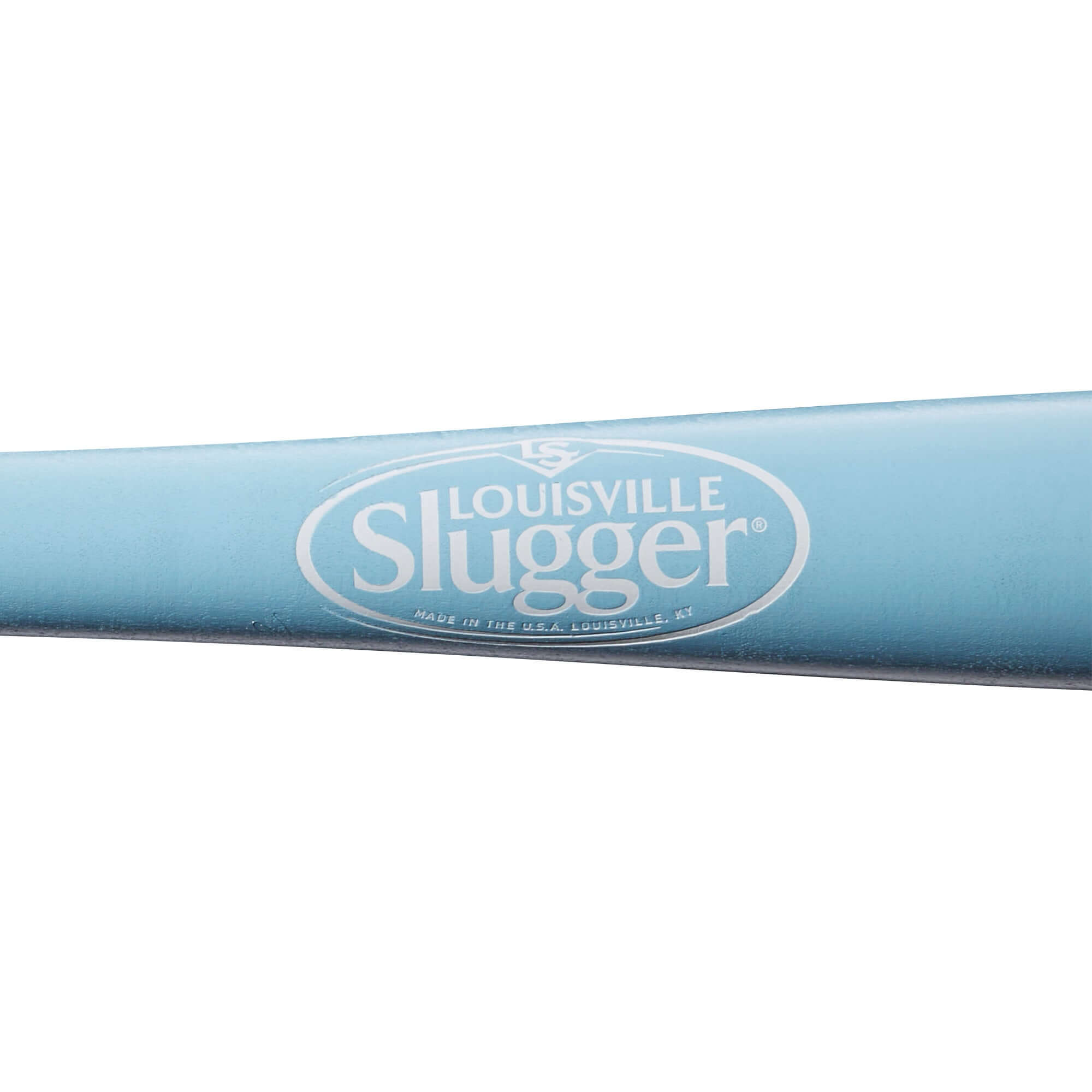 Louisville Slugger Genuine Light Blue Maple Baseball Bat close-up, featuring logo and unfinished design.