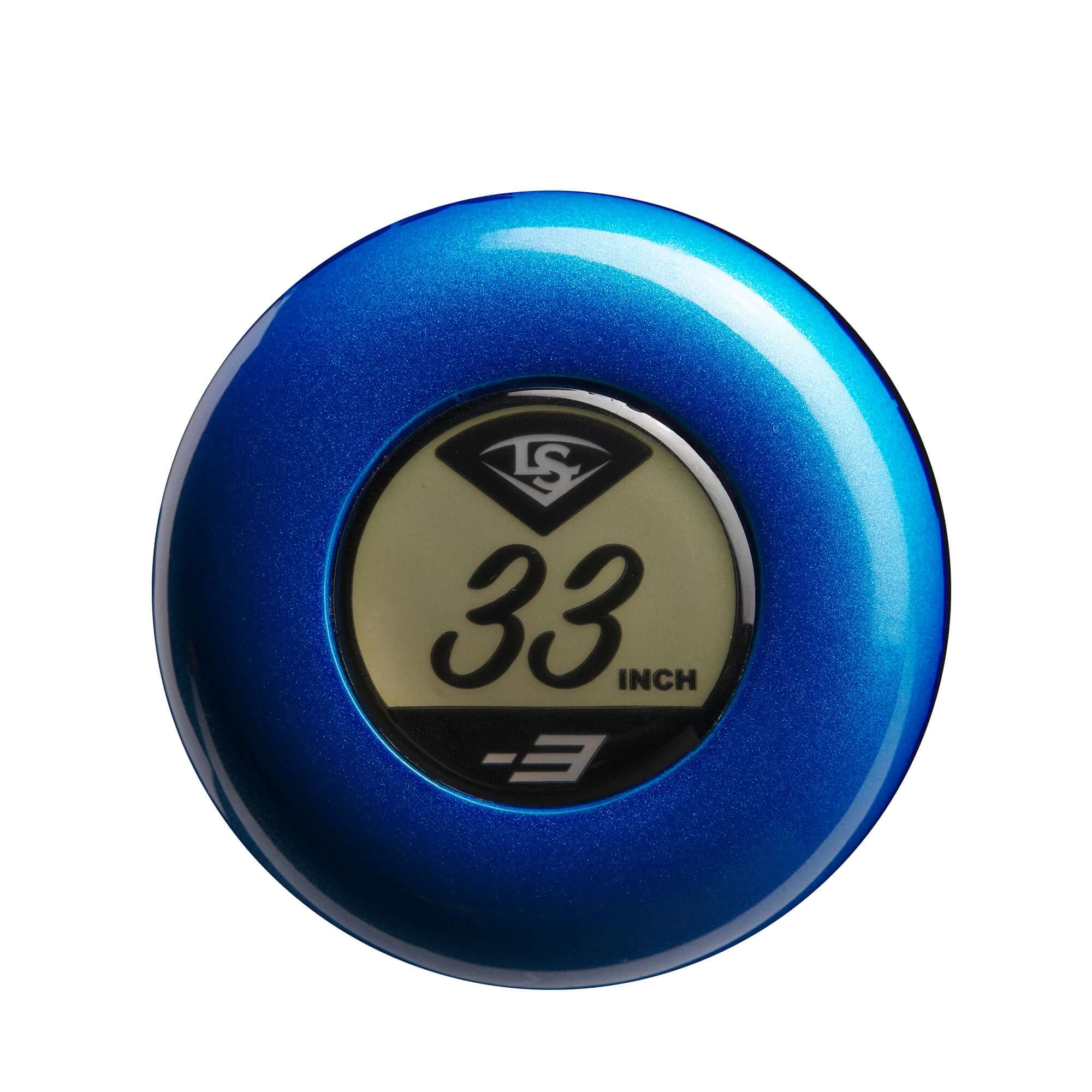 Louisville Slugger Love The Moment Meta (-3) BBCOR baseball bat end cap in blue with 33-inch display.