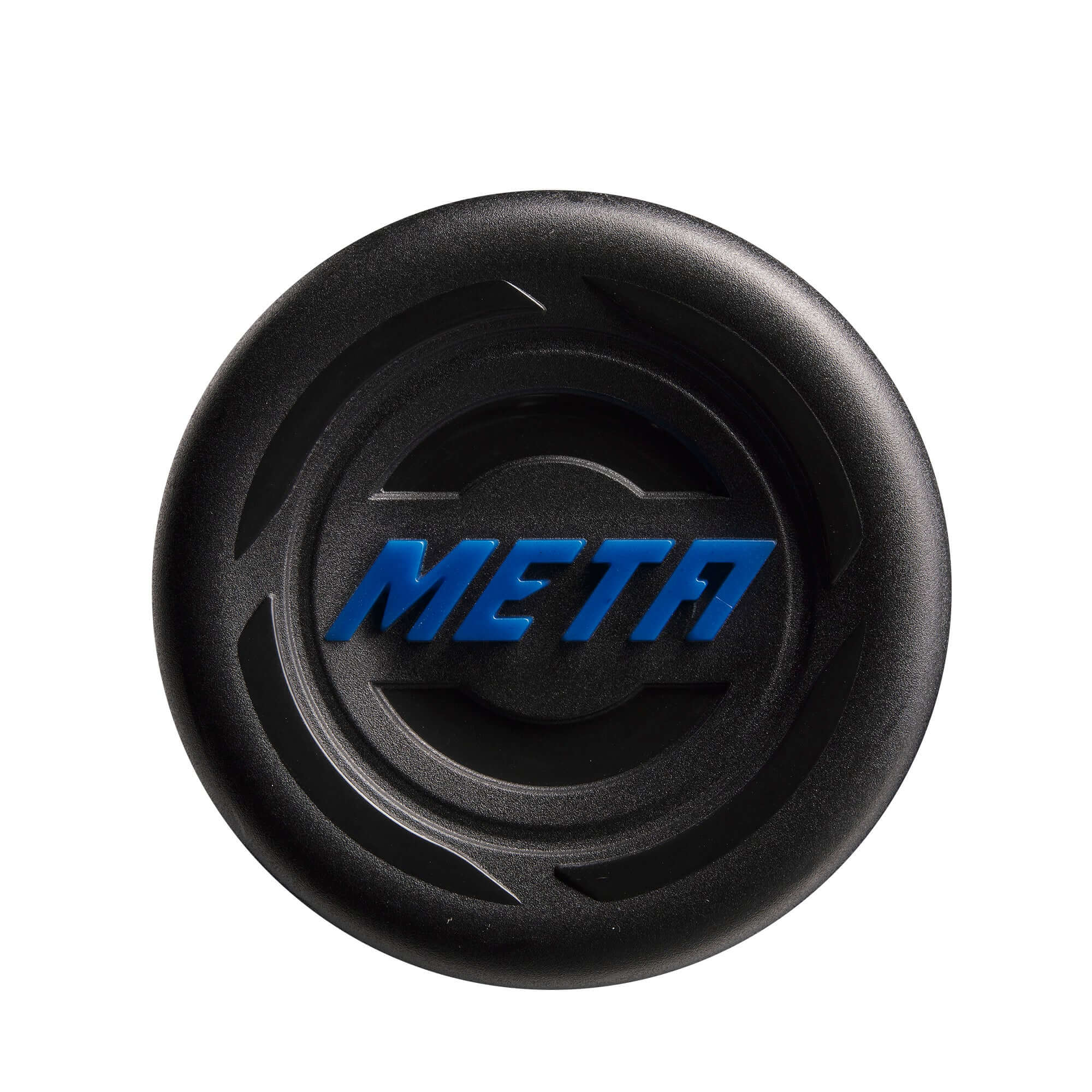 Louisville Slugger META baseball bat end cap featuring blue lettering on a black background.