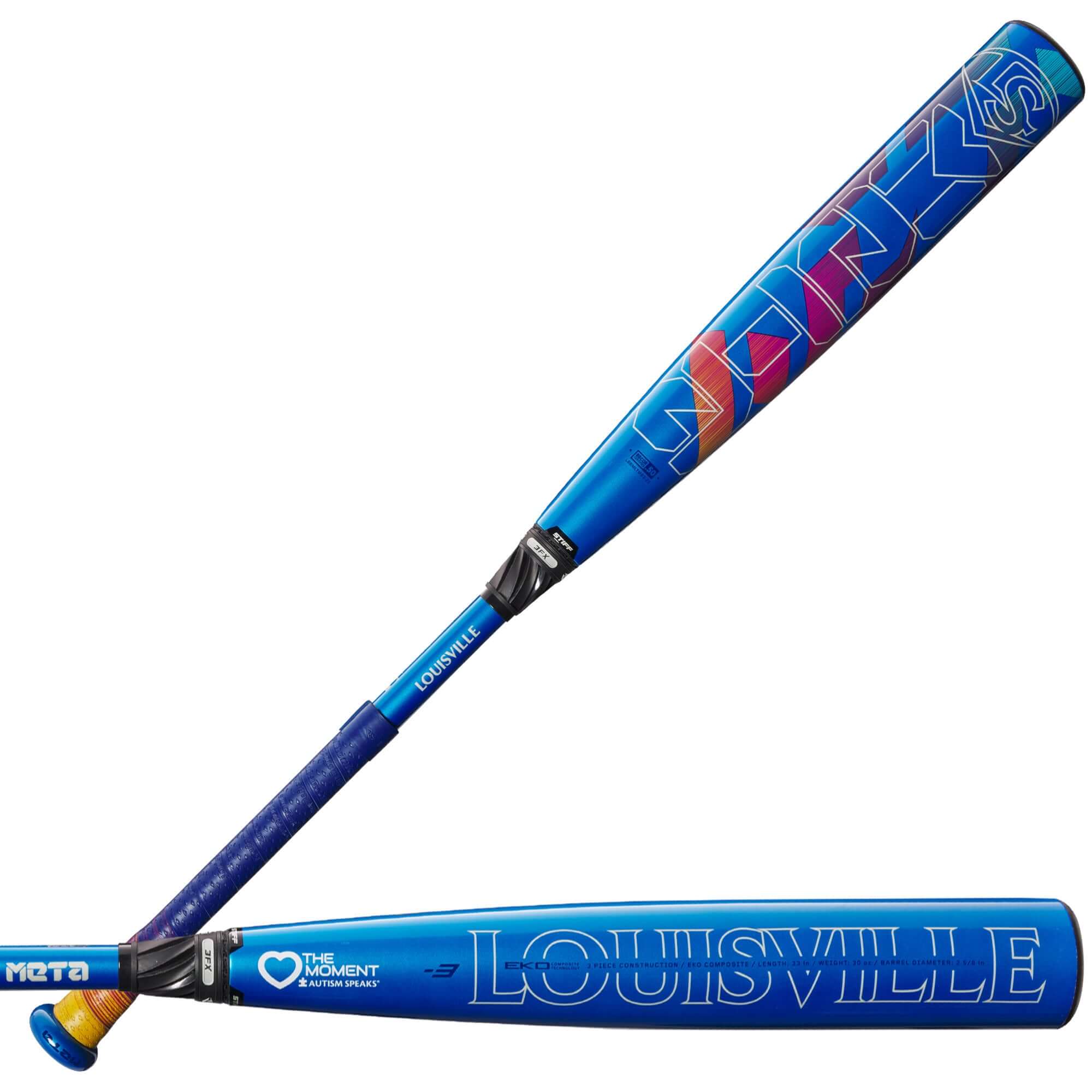 Louisville Slugger Love The Moment Meta (-3) BBCOR baseball bat in blue, promoting inclusion and supporting Autism Speaks.