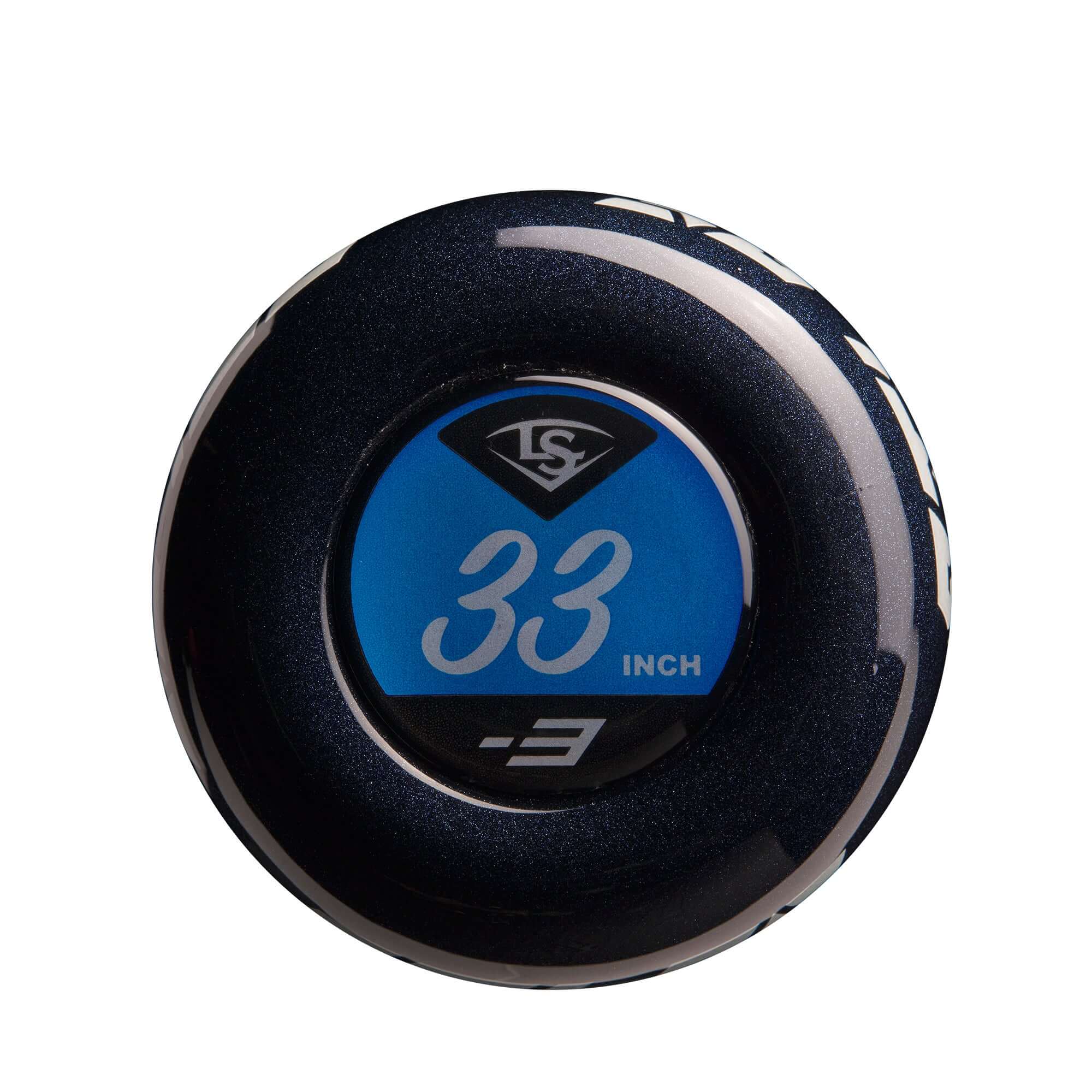 Louisville Slugger 2024 Atlas (-3) BBCOR bat end cap showing 33 inch length and design details.