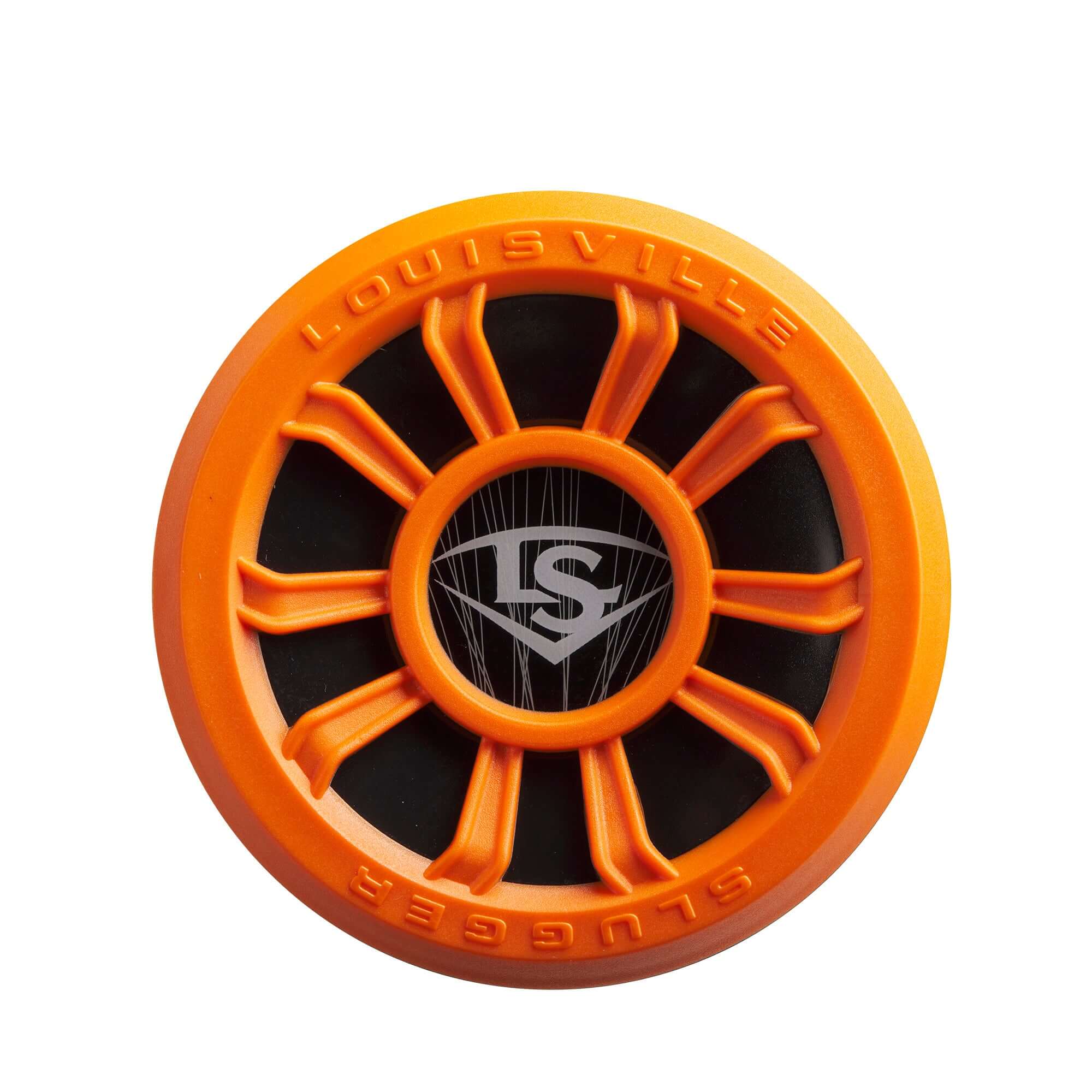 Louisville Slugger bat end cap in vibrant orange, designed for optimal performance and durability.