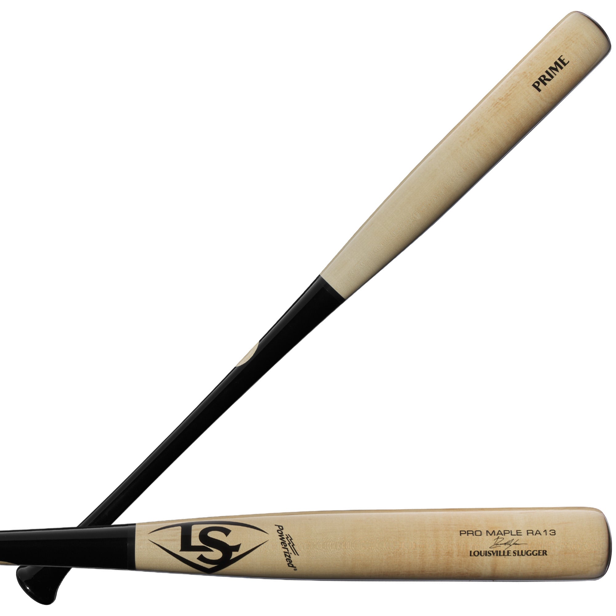 Louisville Slugger Pro Prime RA13 Acuna baseball bat with high-gloss black handle and natural barrel design.