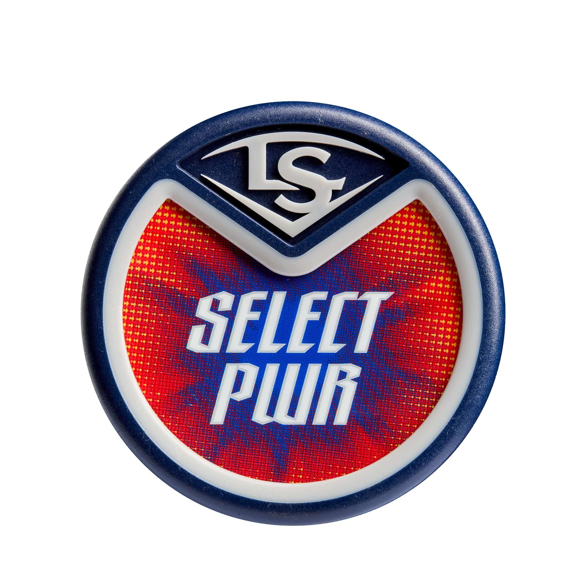Louisville Slugger Select PWR badge featuring vibrant red and blue design with LS logo.