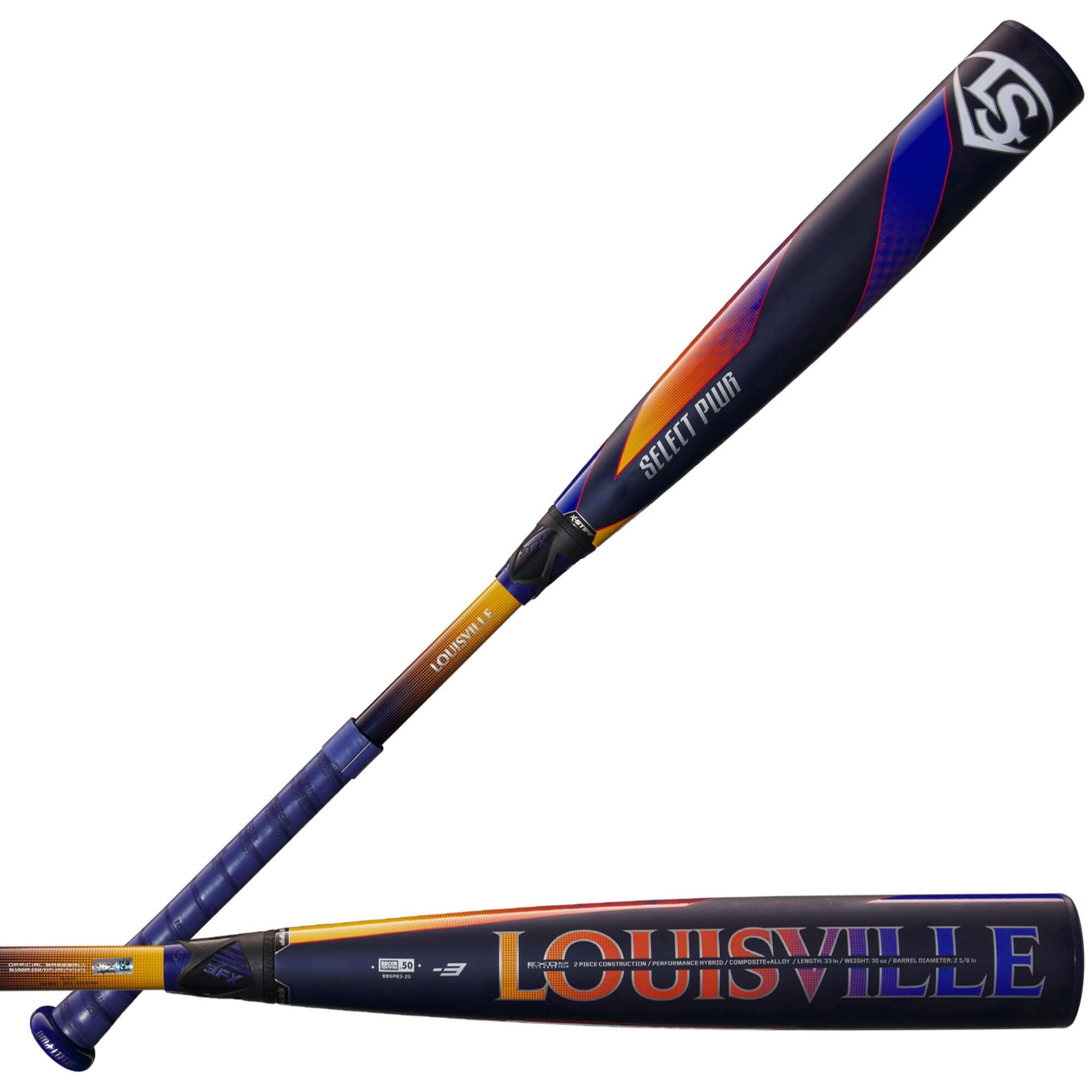 Louisville Slugger Select PWR 2025 BBCOR bat showcasing its composite handle and EXD Premium Alloy Barrel design.