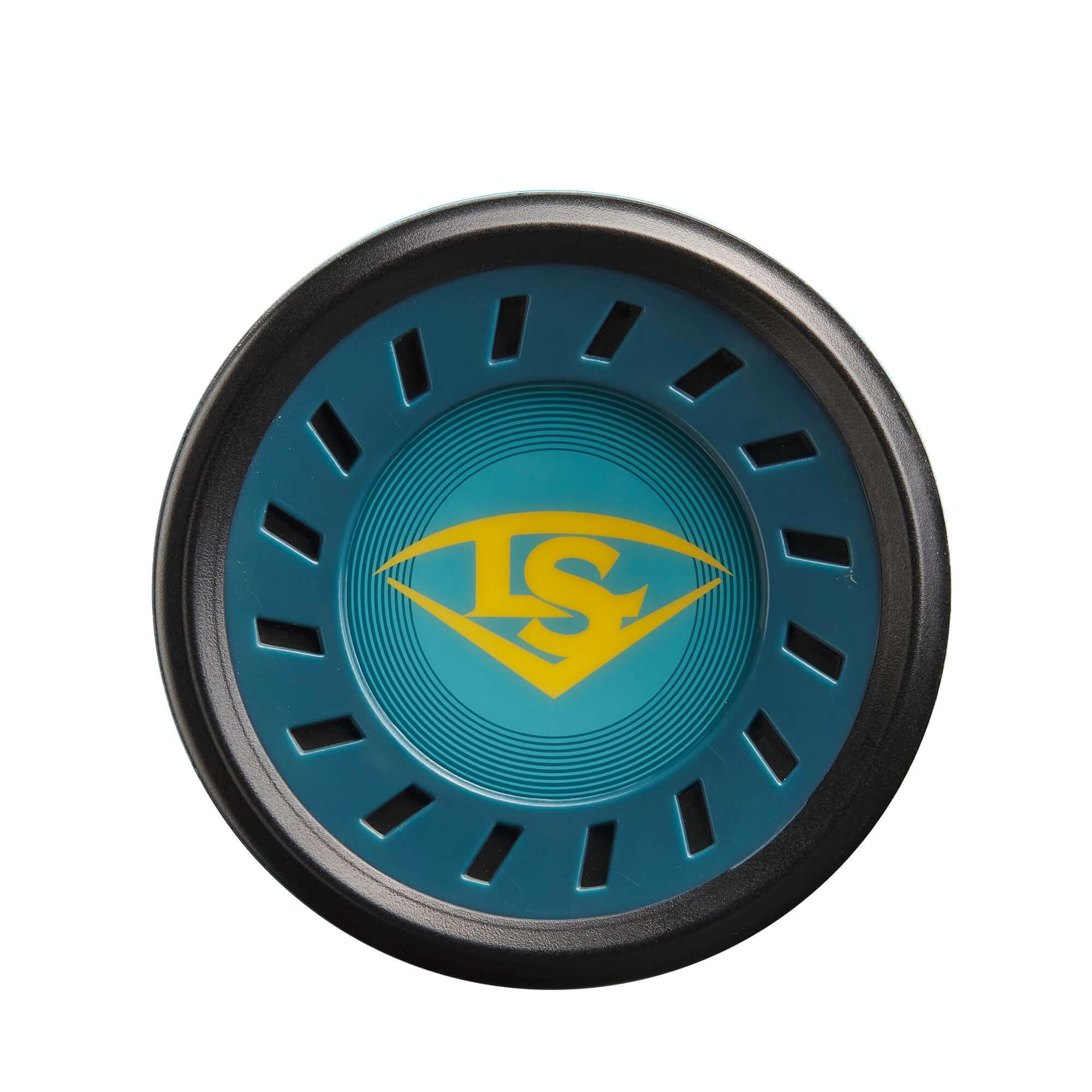 Louisville Slugger training disc in teal and black featuring yellow logo design, ideal for skill development.
