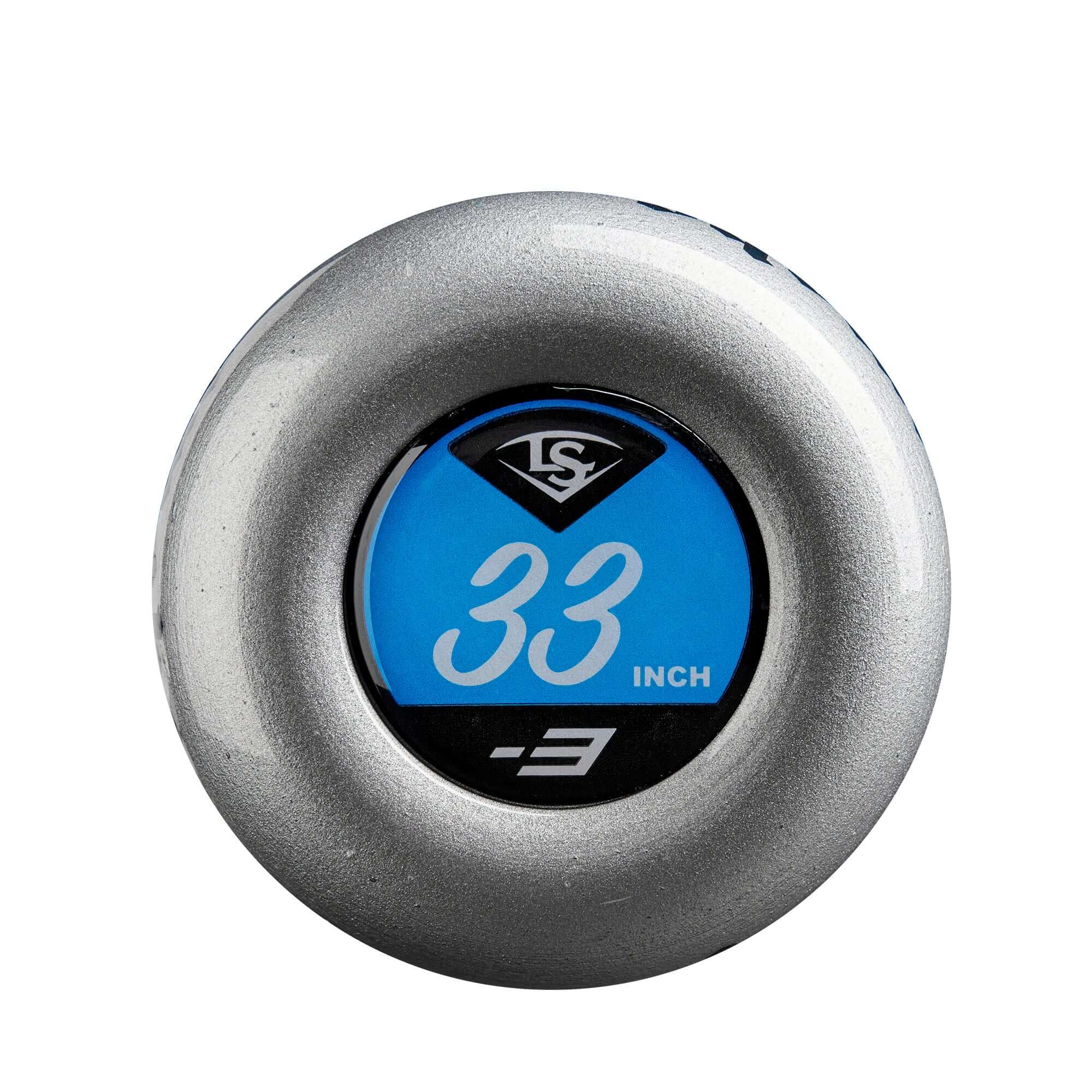 Louisville Slugger Omaha 2025 BBCOR bat end view, showcasing 33-inch size and -3 weight specification.