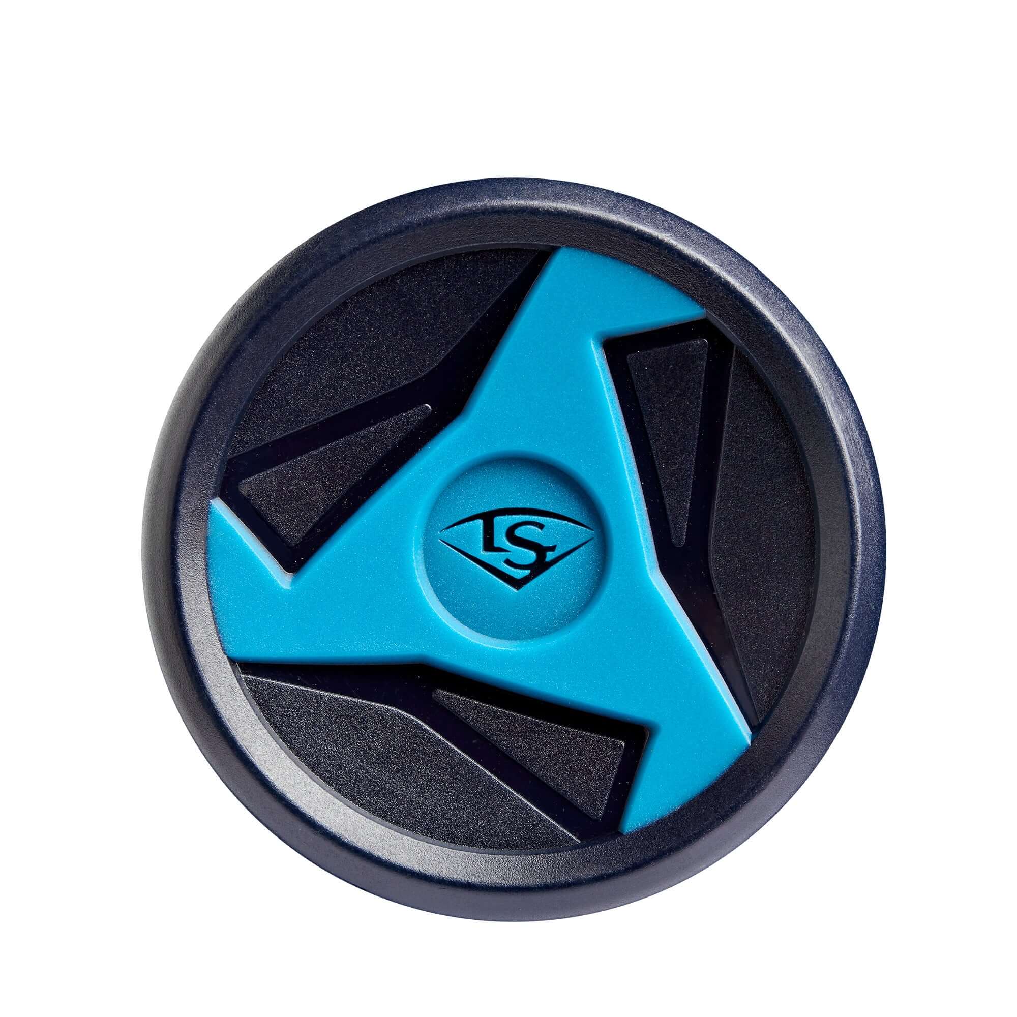 Louisville Slugger baseball bat knob featuring a blue and black design for improved grip and control.