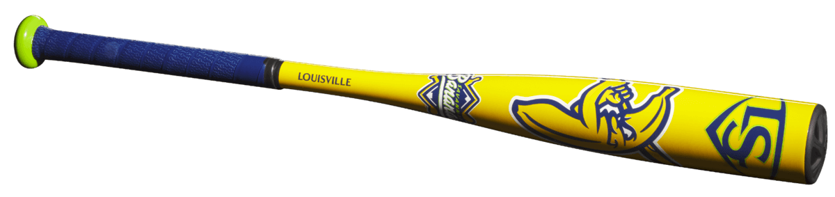 Louisville Slugger Bananas 2025 T-Ball bat in bright yellow with blue grip, designed for beginners and light swinging.
