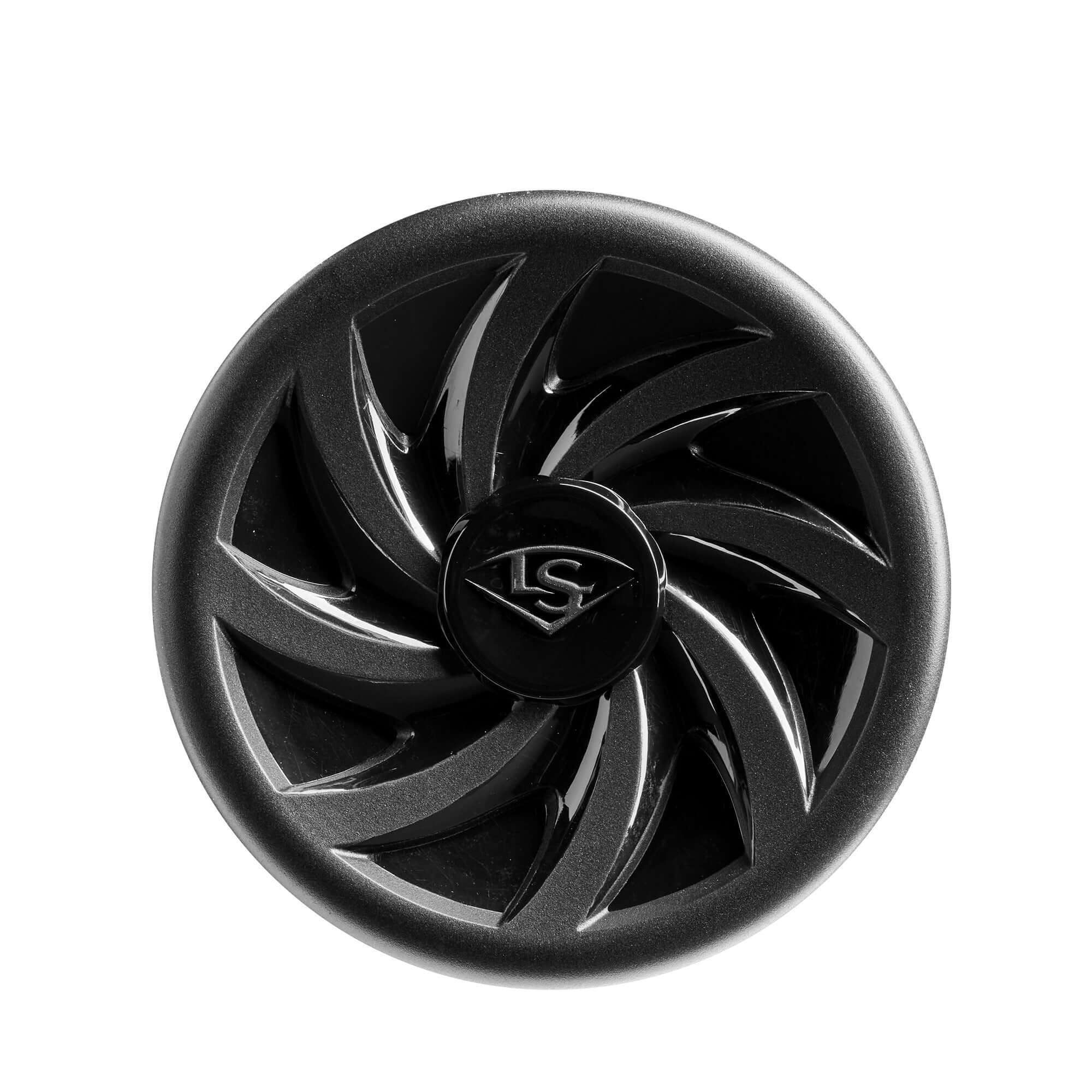 Black LS wheel hub with a stylish twisted design, showcasing modern aesthetic and functionality.