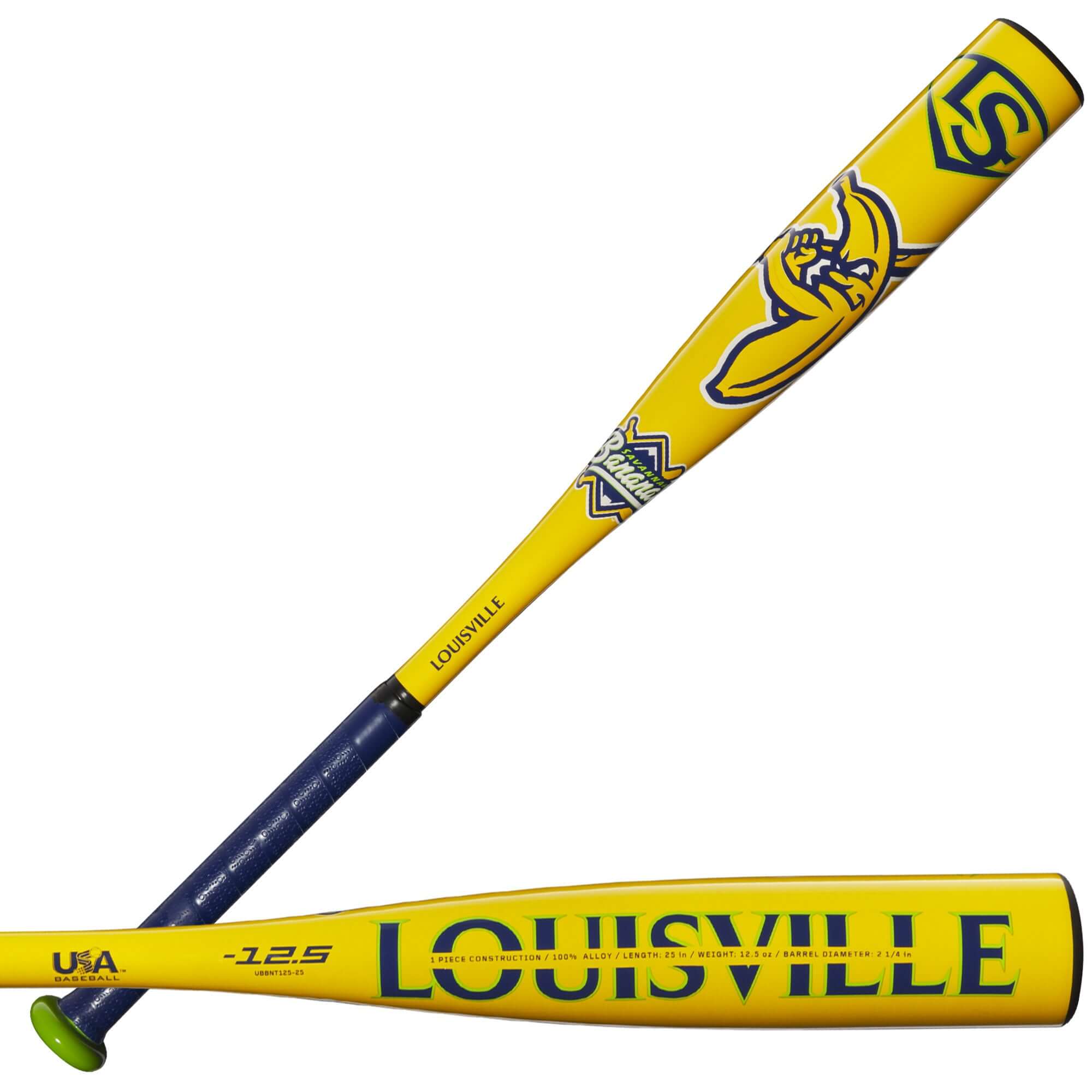 Louisville Slugger Bananas T-Ball Bat 2025 UB (-12.5) in bright yellow with alloy construction and synthetic grip.