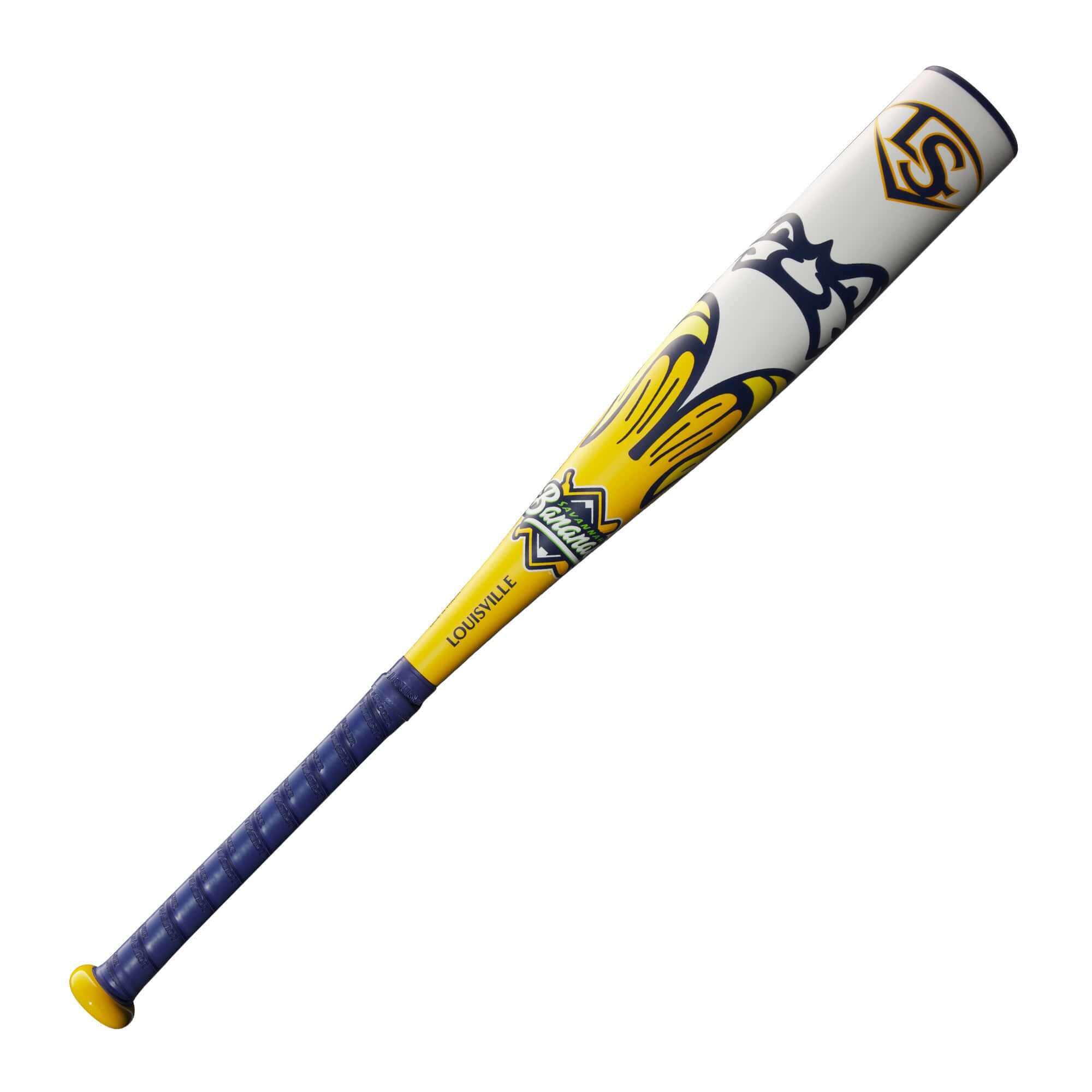 Louisville Slugger Bananas JBB SL 2025 baseball bat in yellow and blue with a vibrant design for young athletes.