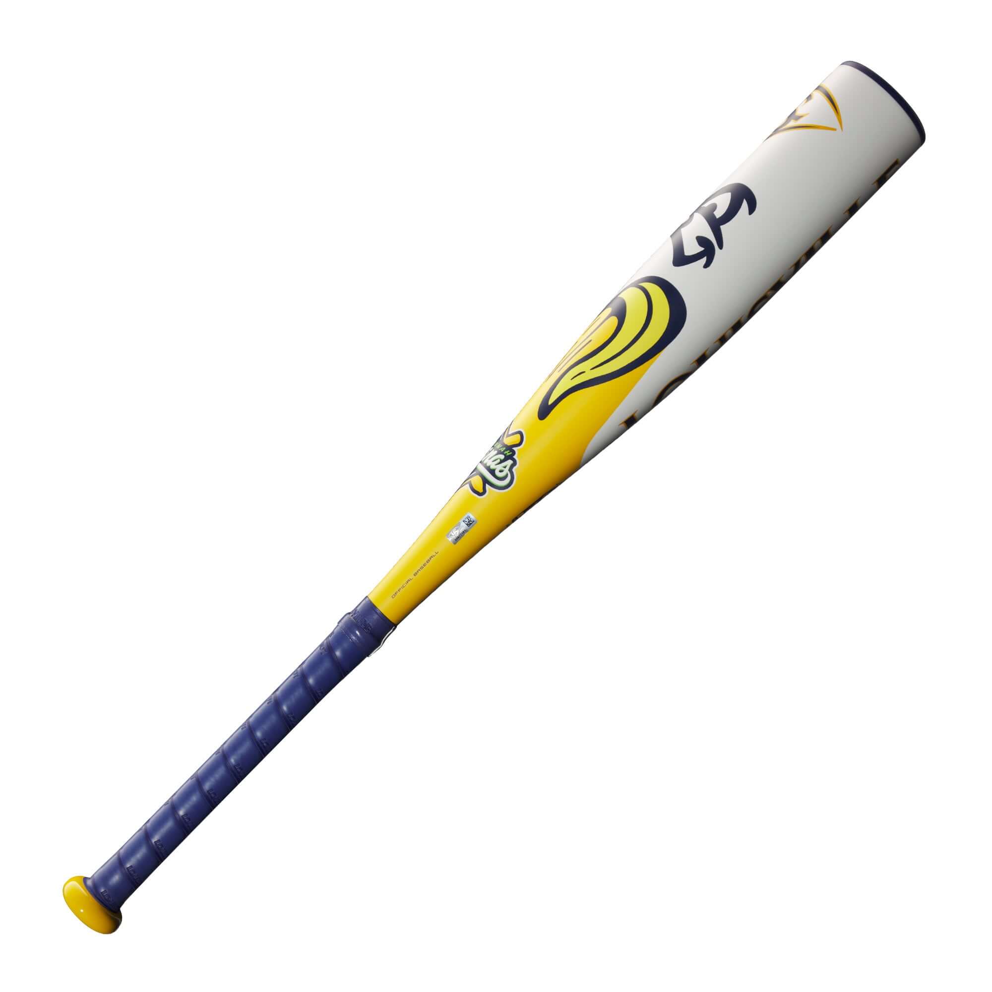 Louisville Slugger Bananas JBB SL 2025 (-10) baseball bat in vibrant yellow and purple design with a 2 ¾” barrel.