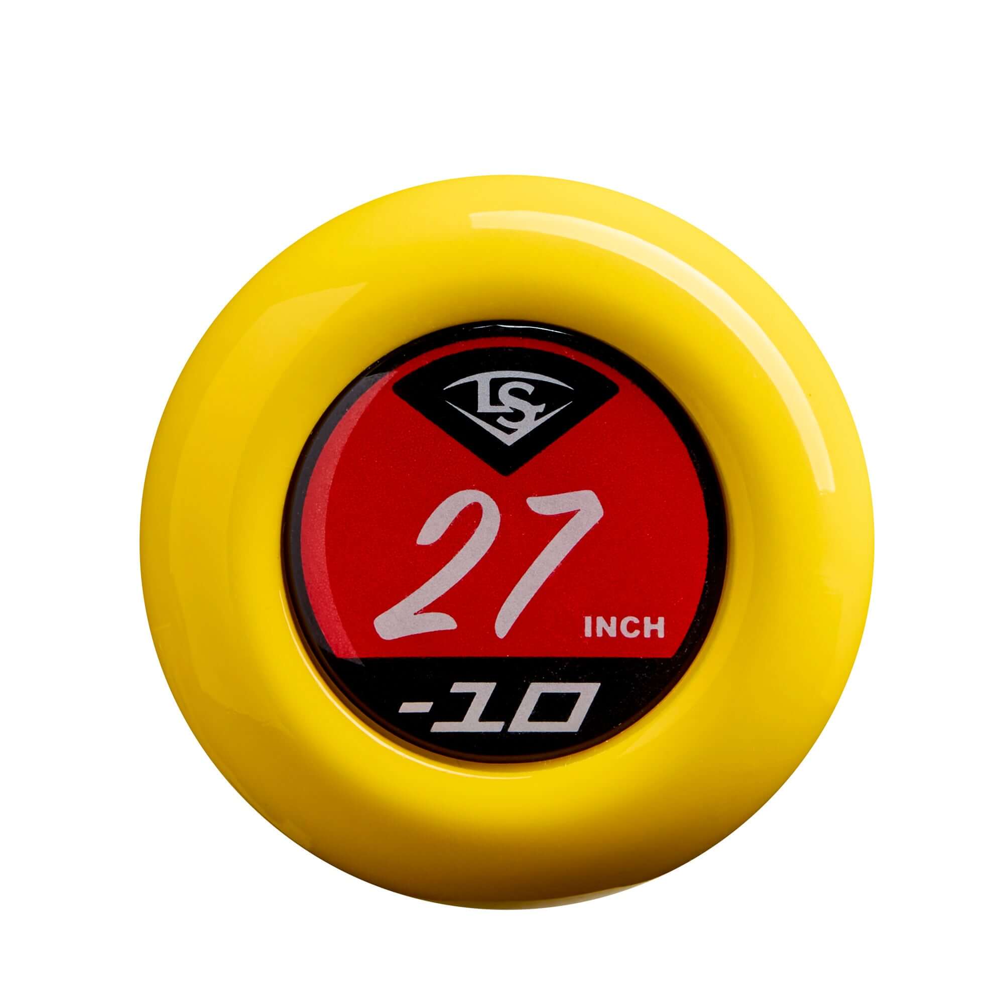 Louisville Slugger Bananas JBB SL 2025 bat end cap showing 27 inch length and -10 drop in bright yellow color.