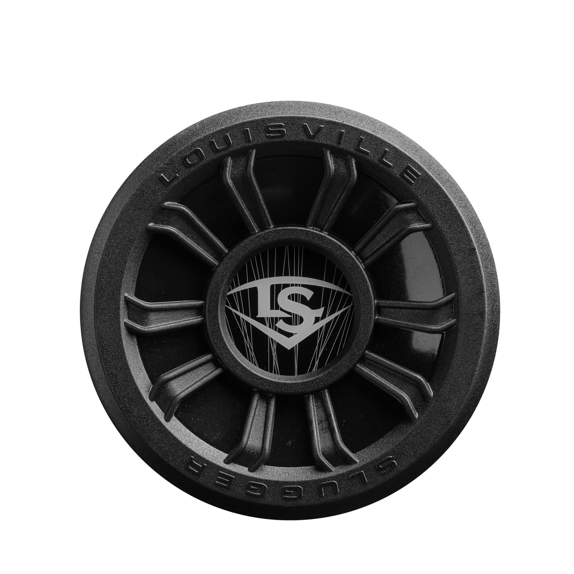 Louisville Slugger logo on black wheel, showcasing the design of Select PWR product with dynamic alloy performance features.