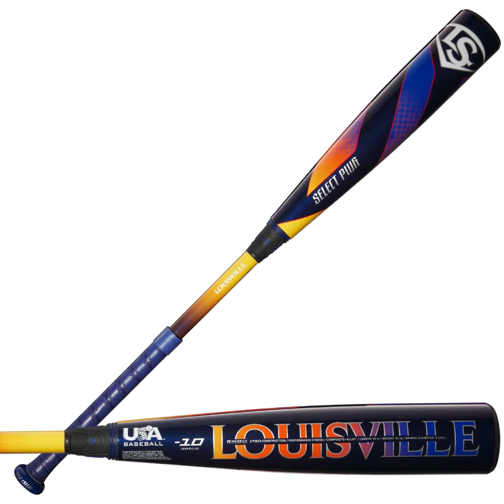 Louisville Slugger Select PWR 2025 USA baseball bat with dynamic alloy barrel and composite handle for improved performance.