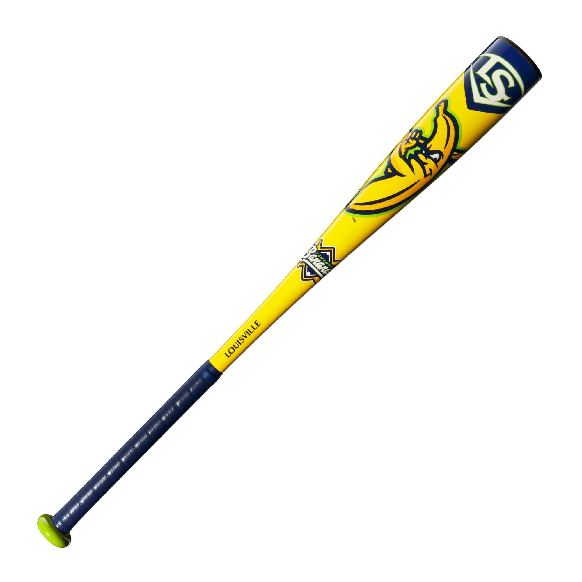 2025 Louisville Slugger Savannah Bananas USA Baseball Bat (-10) with vibrant yellow and blue design.