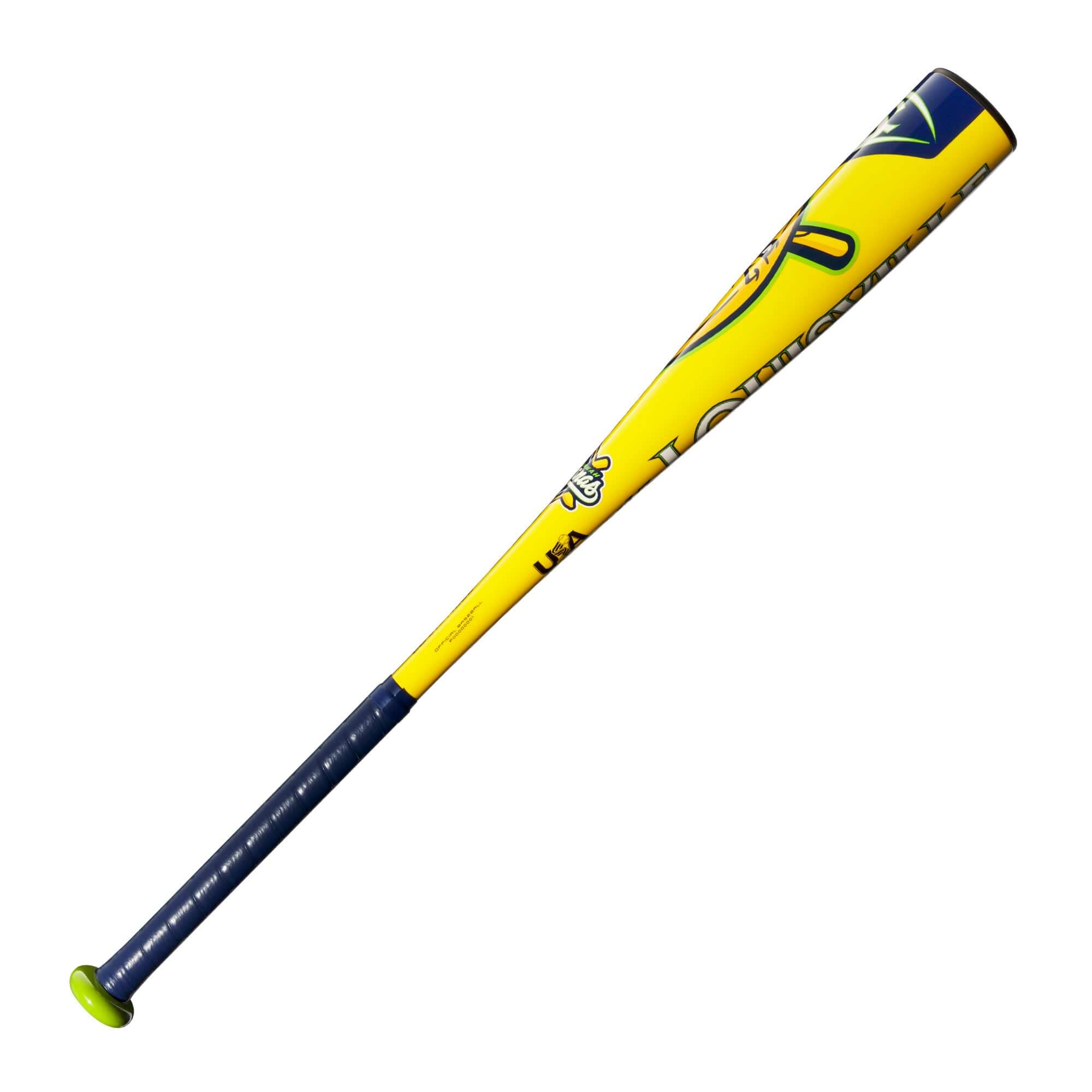 2025 Louisville Slugger Savannah Bananas USA Baseball Bat in vibrant yellow and blue design, perfect for youth players.