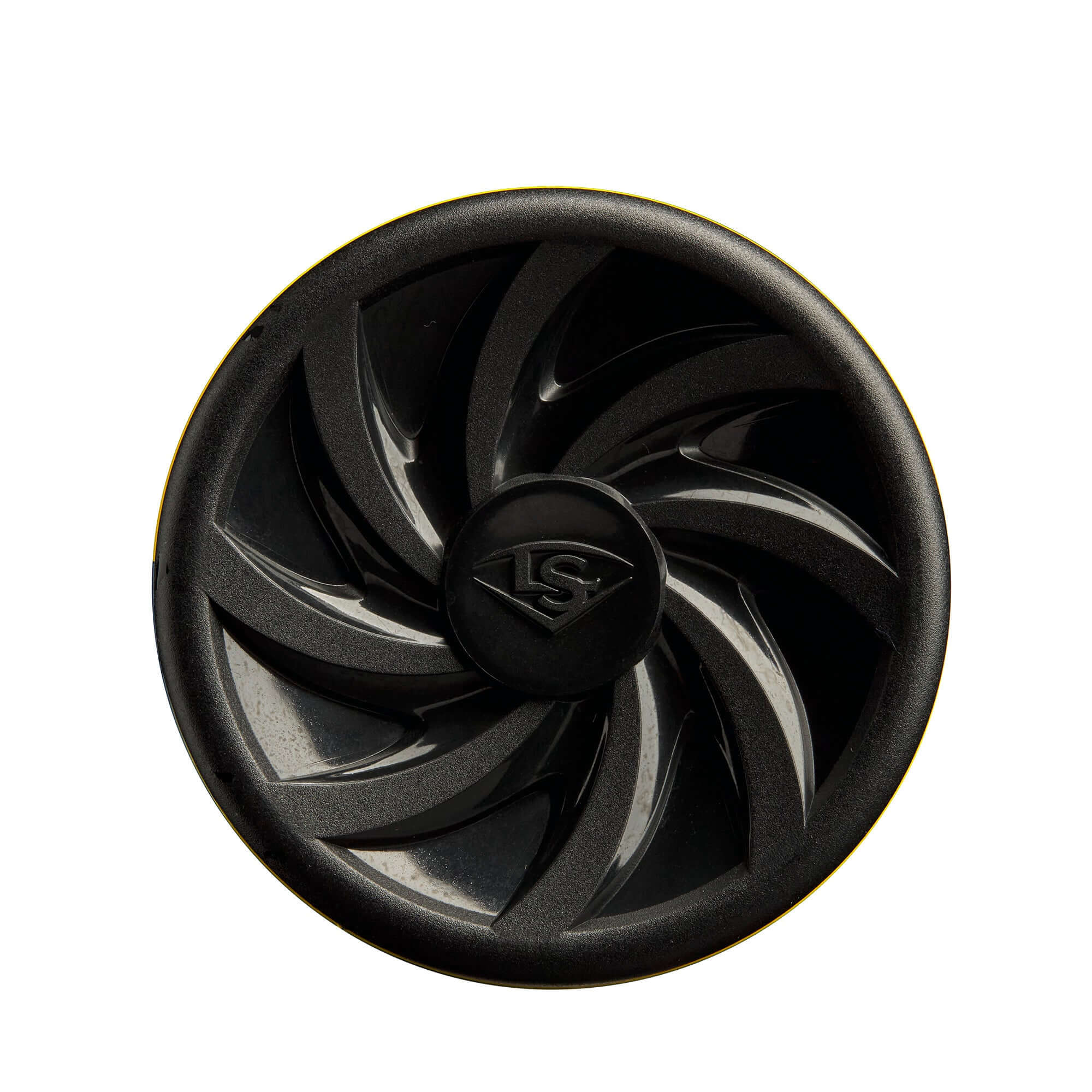 Louisville Slugger black baseball bat end cap featuring spiral design for durability and performance.