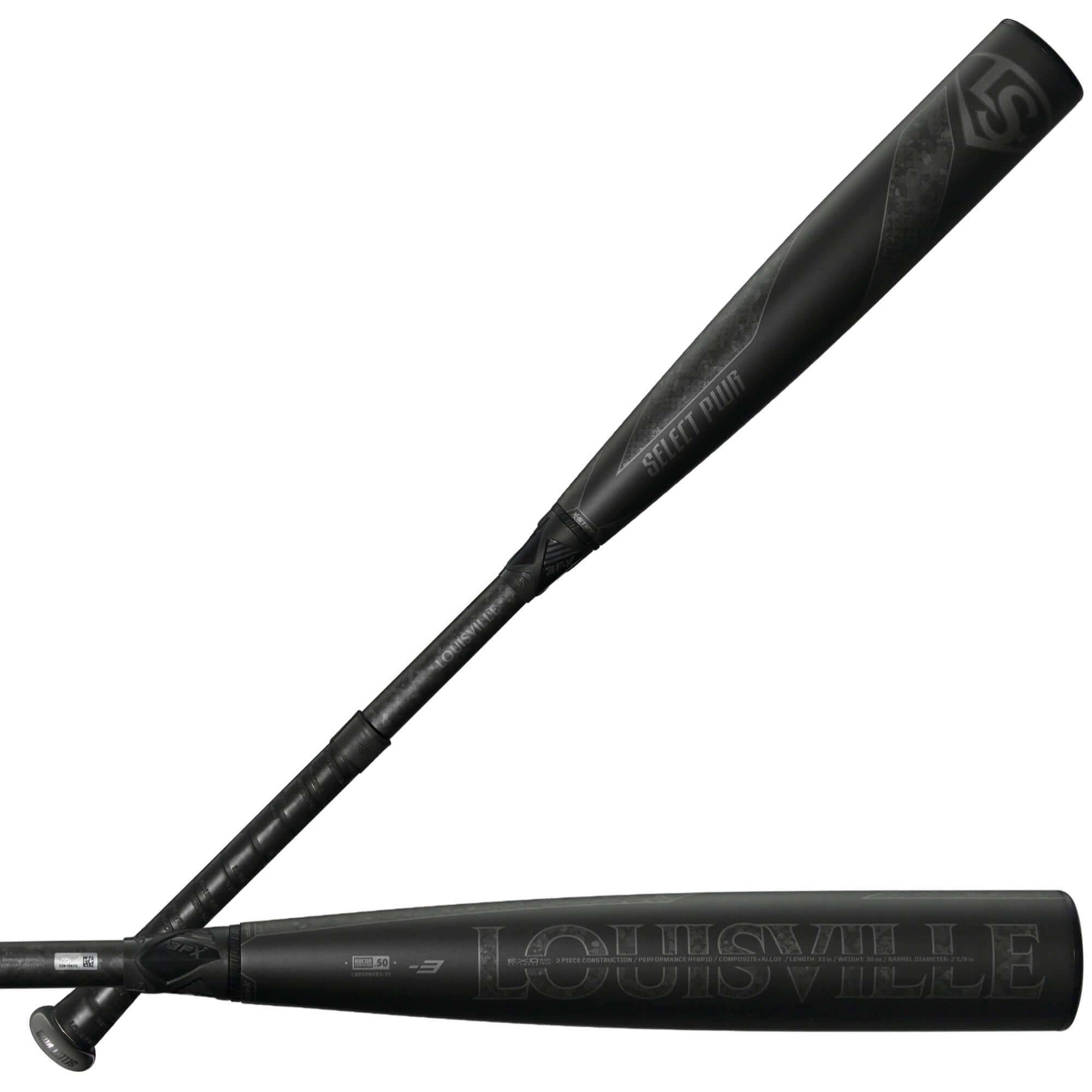 Louisville Slugger Select PWR OPS 2025 BBCOR Bat Front and Back - Stealth and Swagger Power