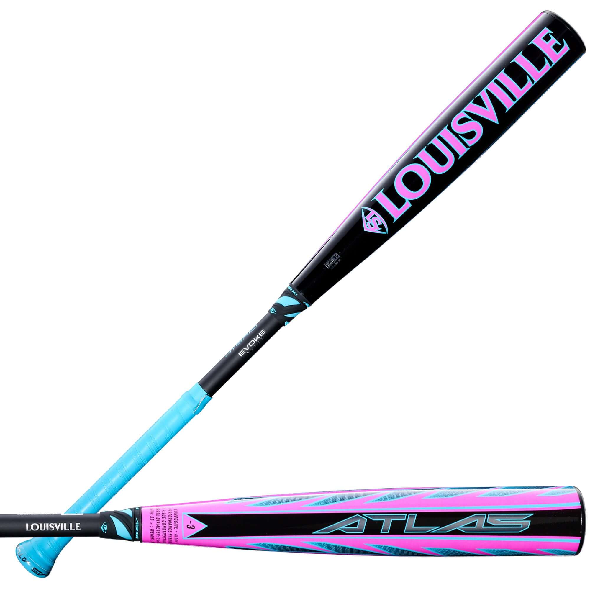 2026 Louisville Slugger Atlas Hybrid (-3) BBCOR Baseball Bat front and back view with alloy barrel