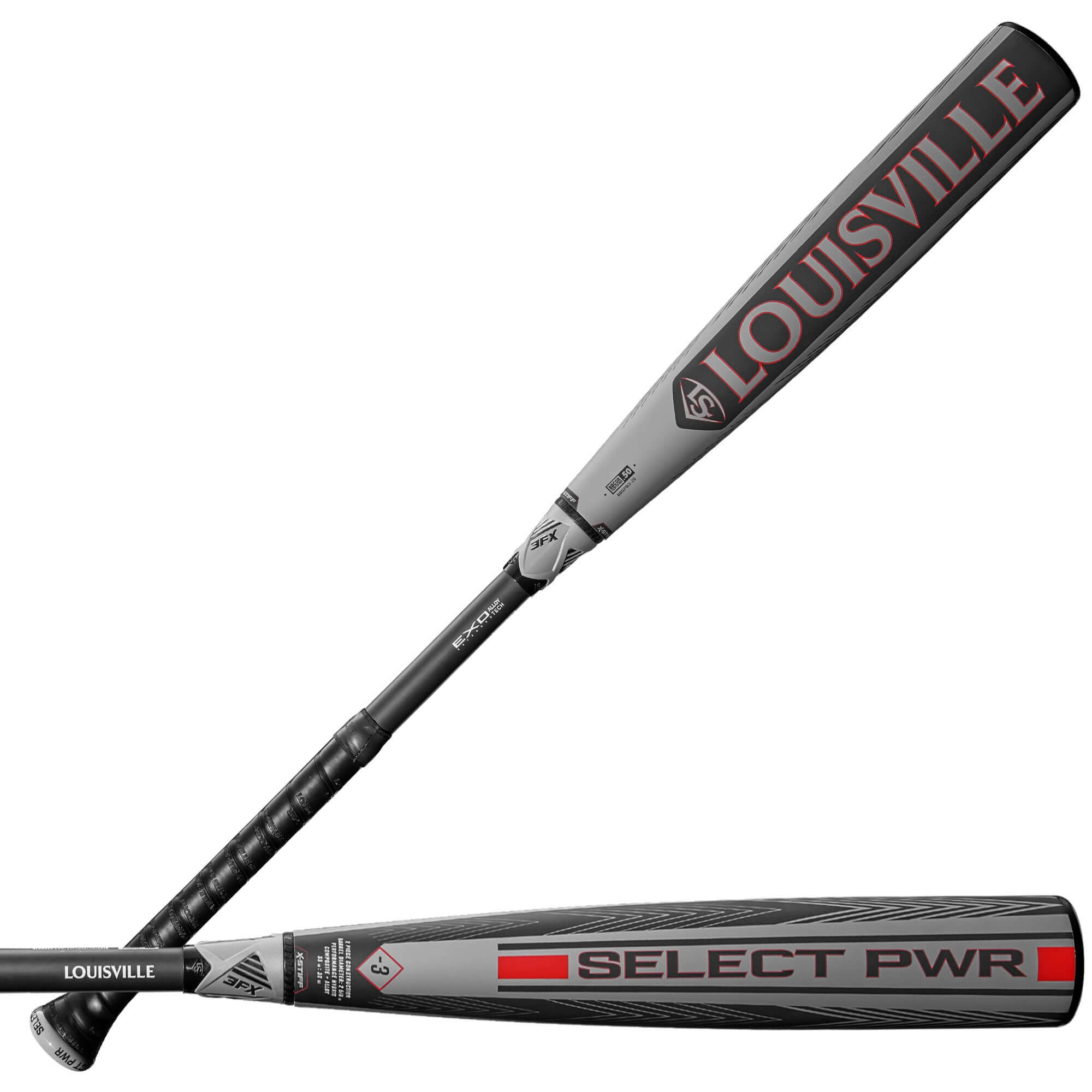 2026 Louisville Slugger Select PWR BBCOR Bat with bold black, red, and gray 2-piece alloy-composite design shown front and back.
