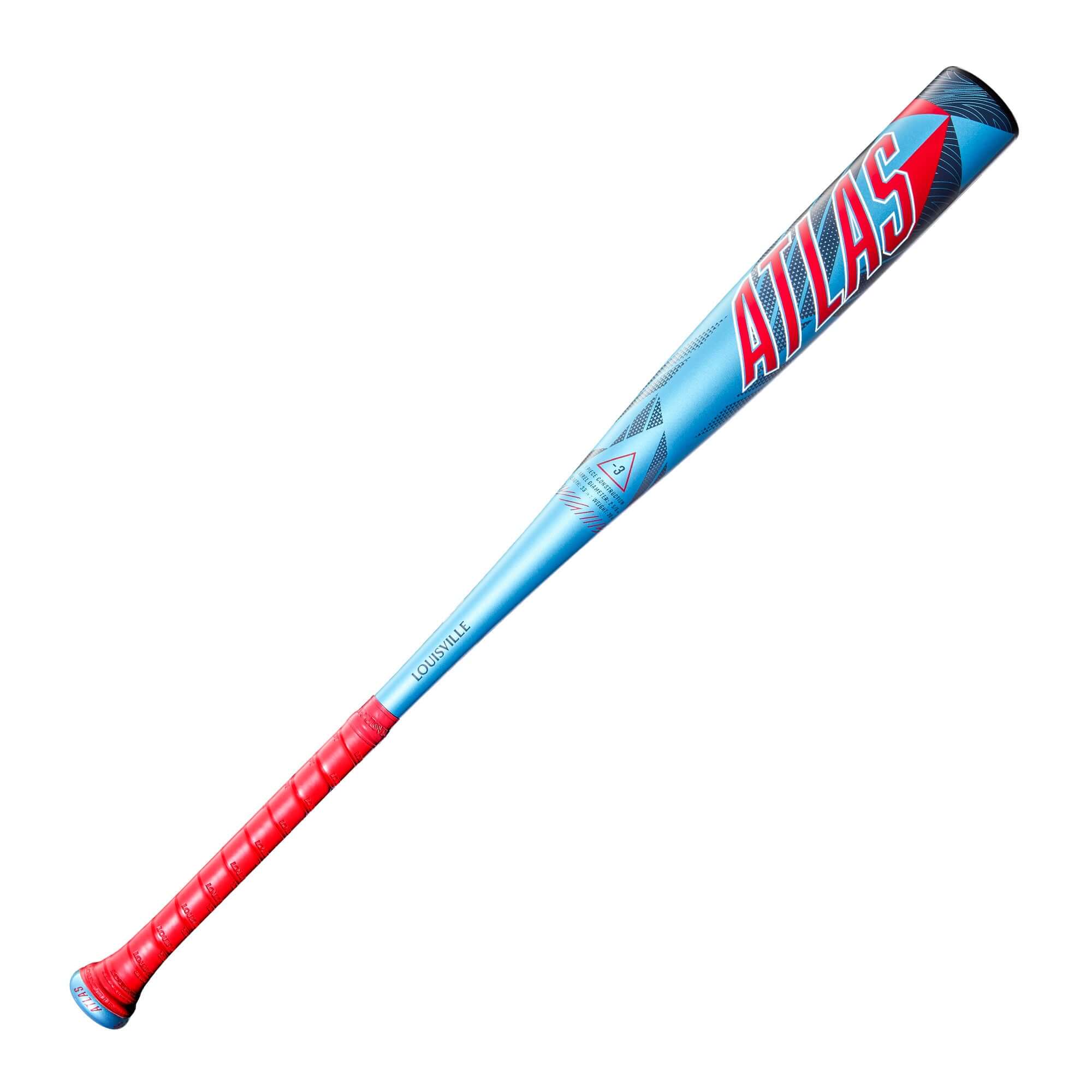 Front of Louisville Slugger Atlas BBCOR Bat with teal EVOKE alloy barrel and sleek one-piece alloy construction.