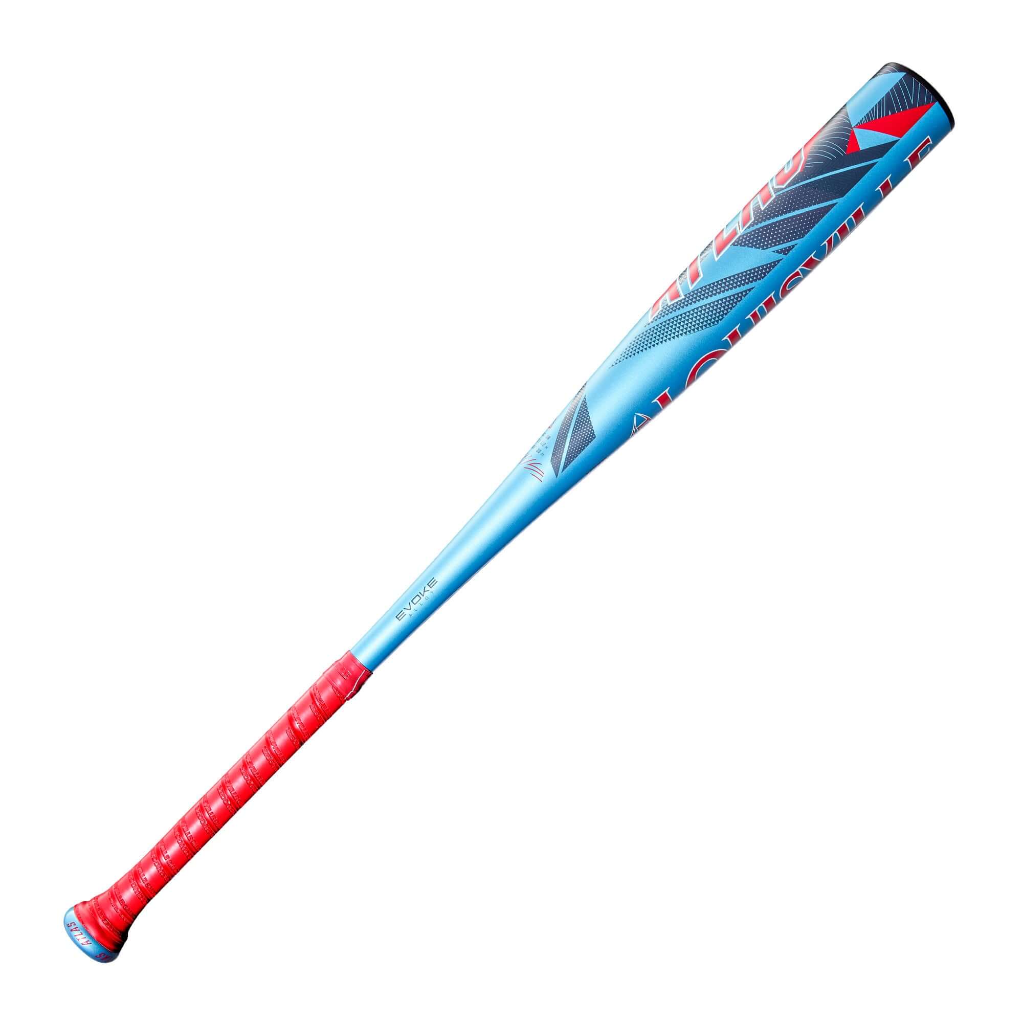 Right angle of Louisville Slugger Atlas Bat displaying tuned alloy barrel and balanced swing profile.