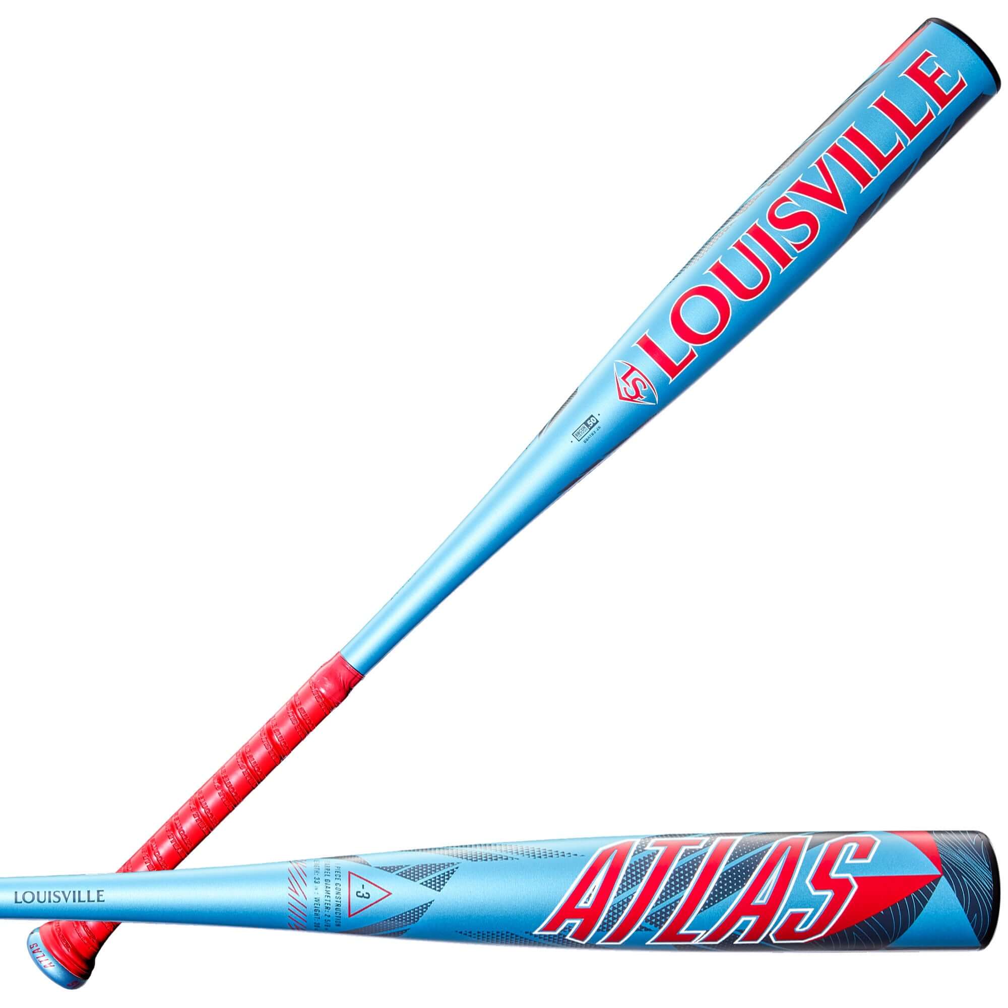 2026 Louisville Slugger Atlas BBCOR Bat in black and teal, showing full barrel and grip from front and back angles.