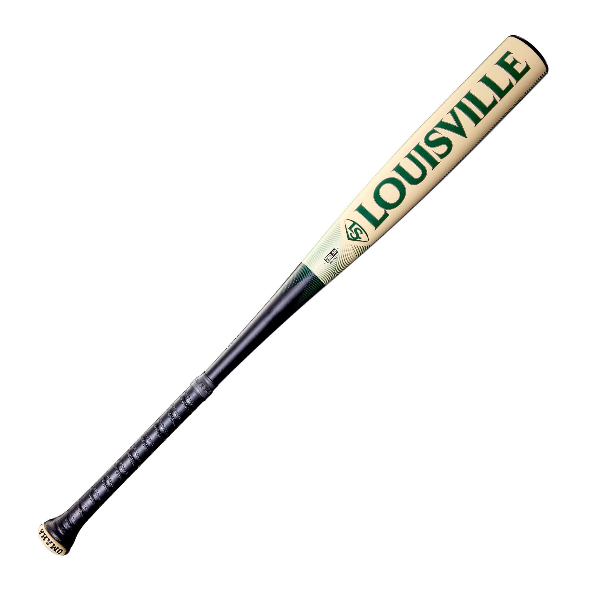 Back of Louisville Slugger Omaha BBCOR Baseball Bat showcasing red grip, Pro Design Knob, and one-piece construction details.