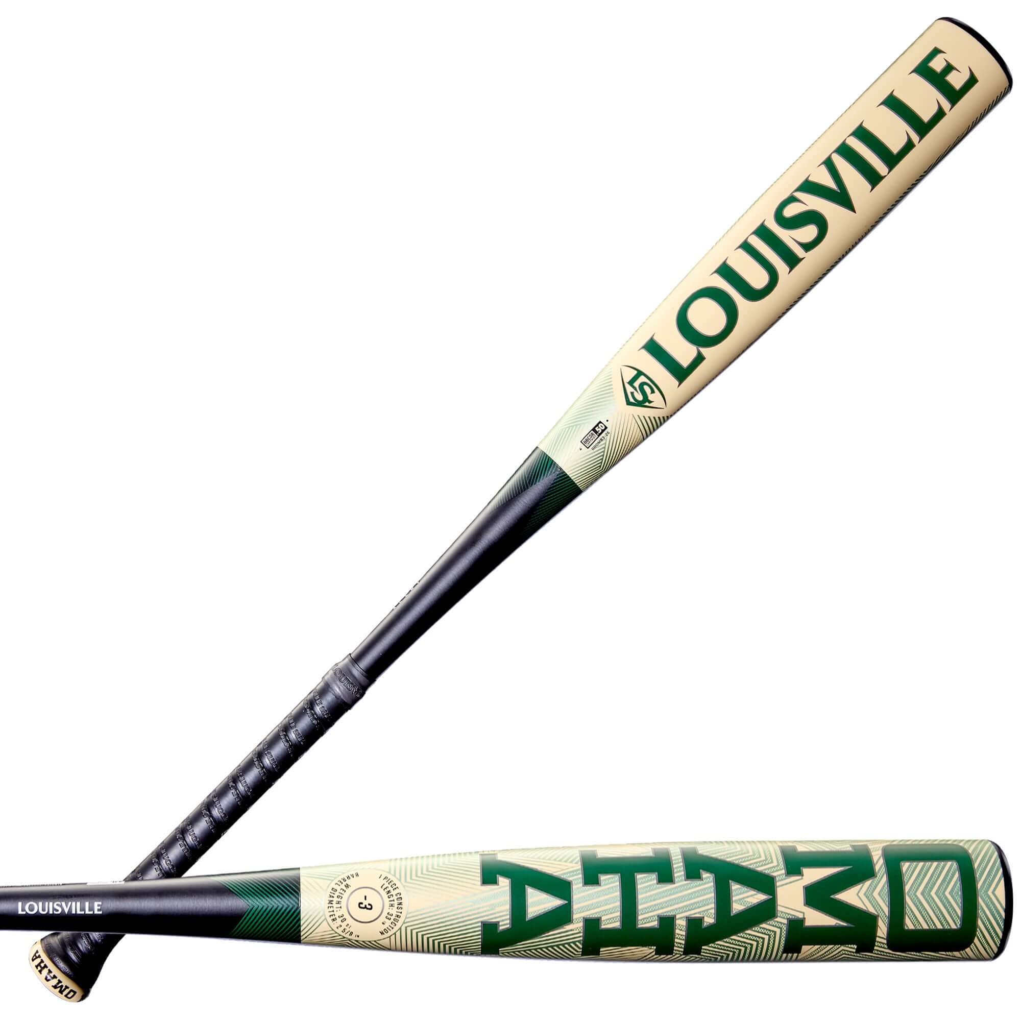 Side profile of 2026 Louisville Slugger Omaha (-3) BBCOR Baseball Bat 32.5" DEMO in beige and green with logo and certification mark visible.